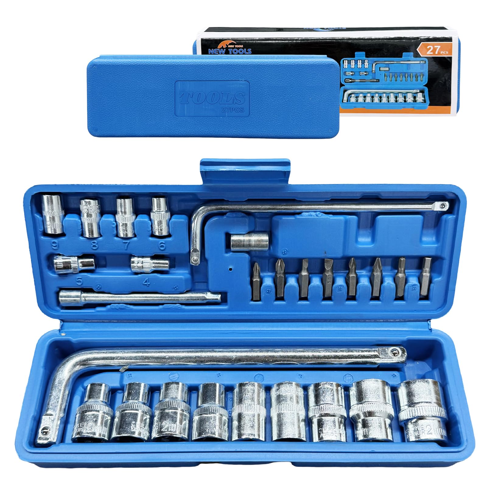 Jogo de Soquetes e Bits 27 Peças, Acionamento 1/4" e 1/2", Aço CR-V, Maleta Integrada, para Reparos Automotivos e Domésticos