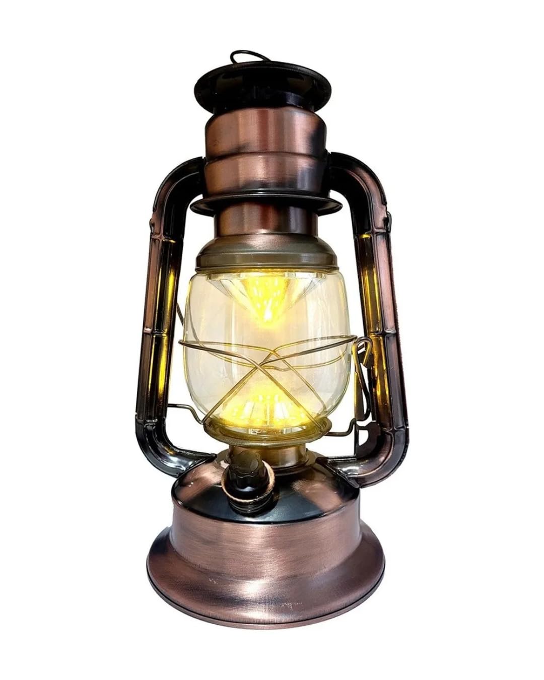 Abajur Luminária Lampião LED Retrô Vintage, Cobre Antigo, Metal e Vidro, 29cm Altura, Luz Ajustável, com Alça e Gancho, para Camping e Decoração