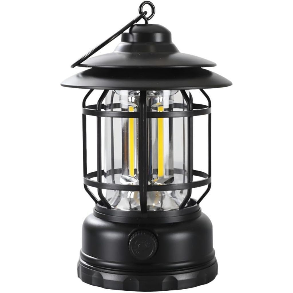 Lampião LED Recarregável Retrô Portátil Luminária para Camping Pesca Acampamento Emergências com Regulagem(Preto)