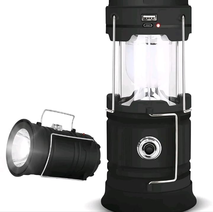 Carregamento solar, Lanterna e lampião LED 360 graus Recarregável Dobrável, Portátil, com USB, Preta, para Camping e Emergências
