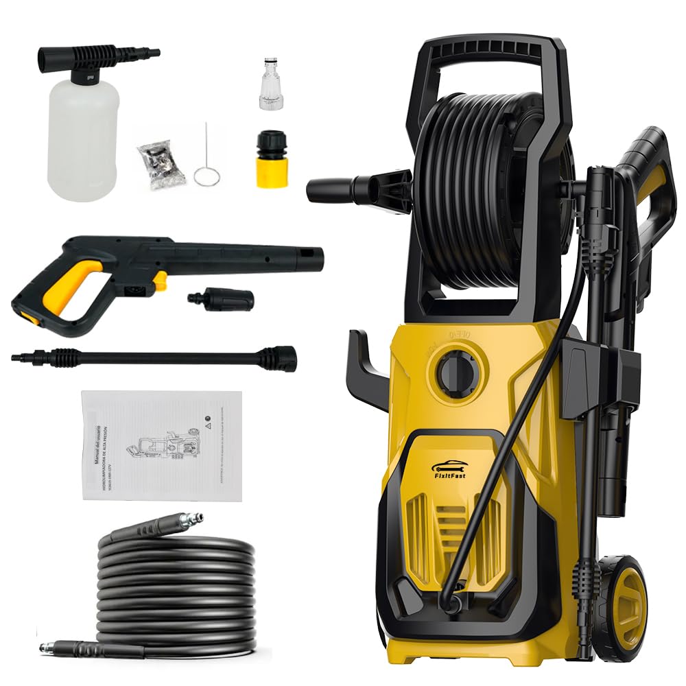 FINYQBET Lavadora de Alta Pressão 2000W, 127V, 120 Bar, 8 L/min, Com um Carretel de Mangueira Giratório, Cabo INMETRO e Rodas Móveis, Ideal para Limpeza Residencial, Carros, Garagens e Pátios (220V)