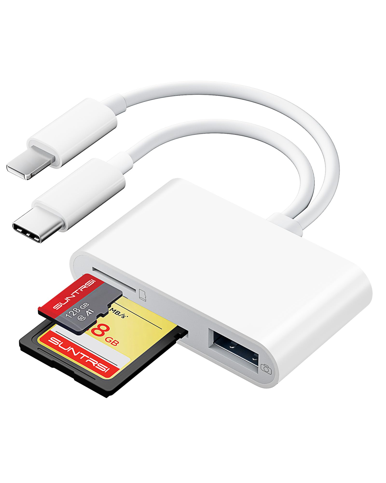 SUNTRSI Leitor de cartão SD/Micro SD para iPhone/iPad/câmera, compartimento duplo para cartão suporta leitor de cartão de memória portátil SD e TF monitor de câmera SD Cartão Adaptador de