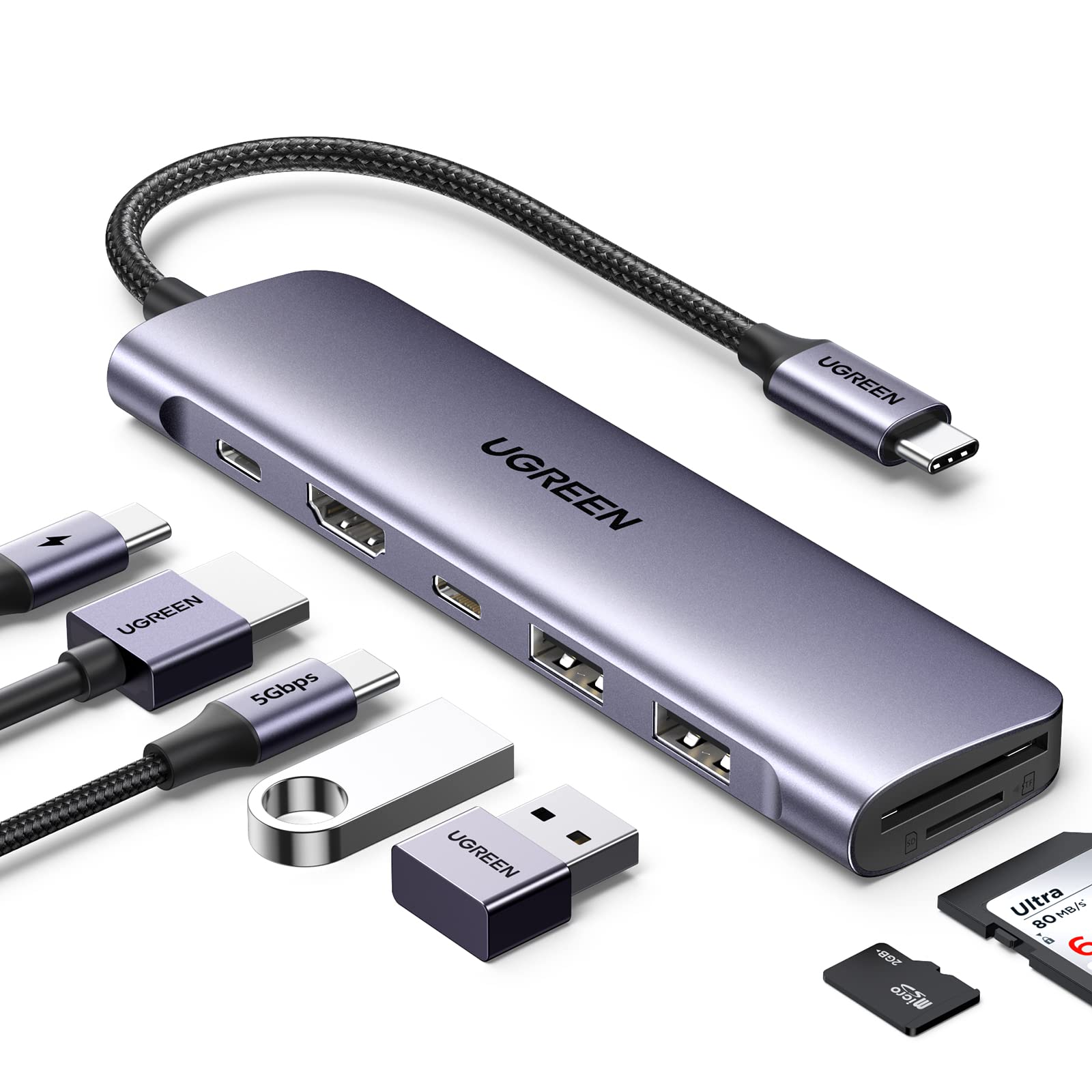 UGREEN Hub USB C Revodok 1071 para laptop 7 em 1 Dock 4K HDMI, carregamento PD de 100 W, portas de dados USB-C e 2 USB-A de 5 Gbps, leitor de cartão SD/TF para MacBook Pro/Air, iPad Pro, XPS, Thinkpad
