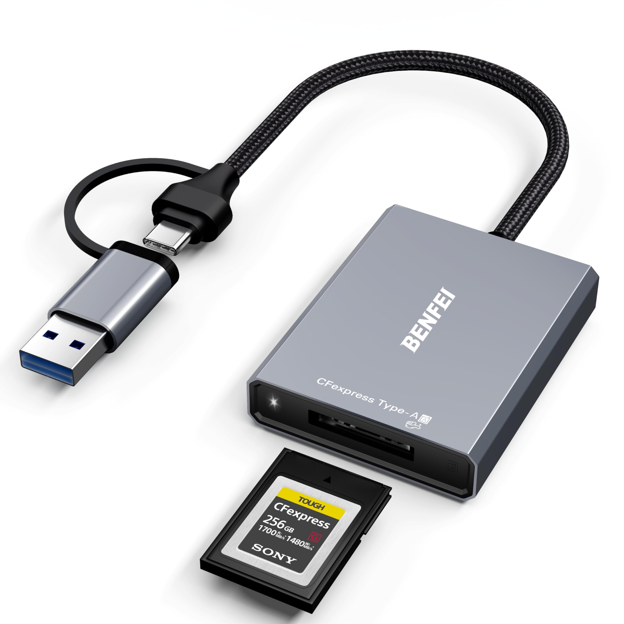 BENFEI Leitor de cartão CFexpress tipo A com USB 3.2 (Geração 2) 10 Gbps, USB-C&USB-A 2 em 1 adaptador CFexpress tipo A, compatível com Windows/Mac/Linux/Android