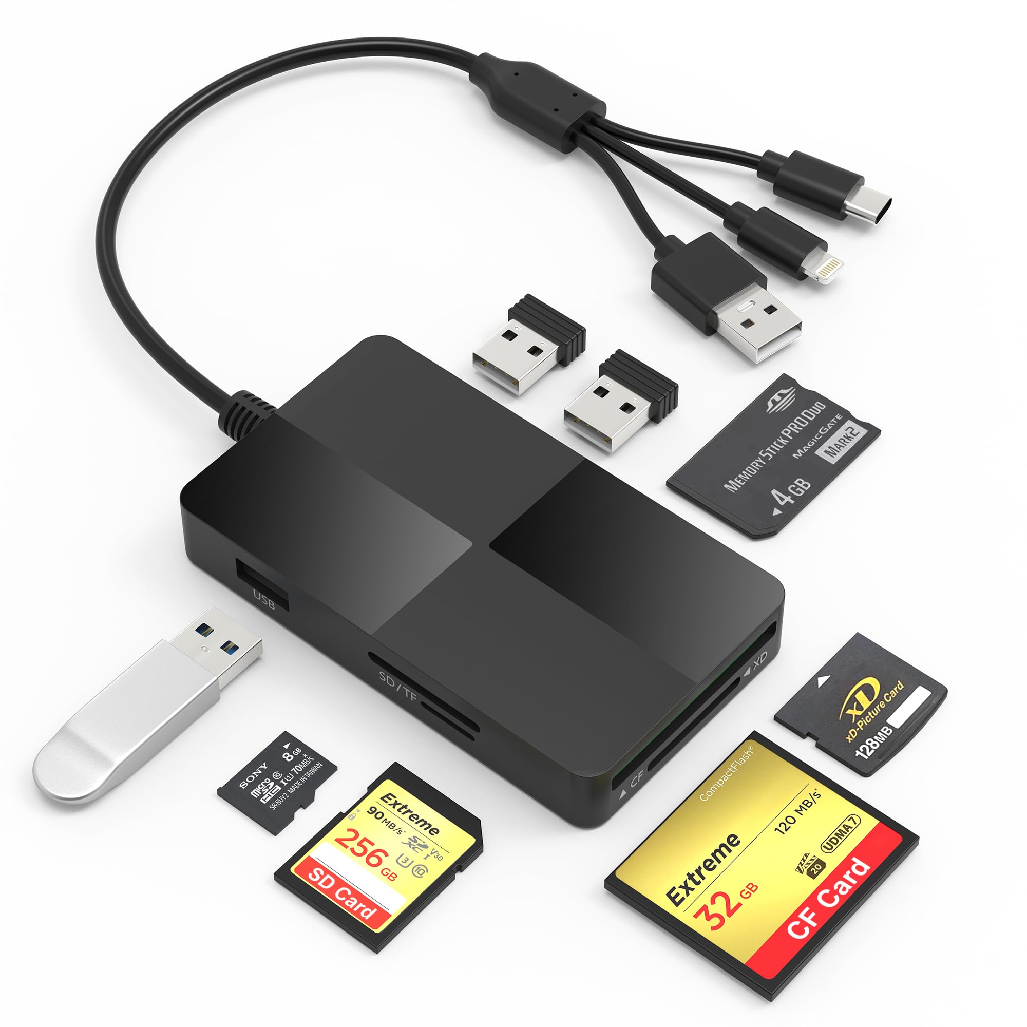 Leitor adaptador Memory Stick Pro Duo – Leitor de cartão SD/TF/MS/CF/XD 8 em 1 para iPhone/computador/dispositivo USB-C, Lightning + USB A+USB C, leitor de cartão de memória multi com 3 portas USB 2.0