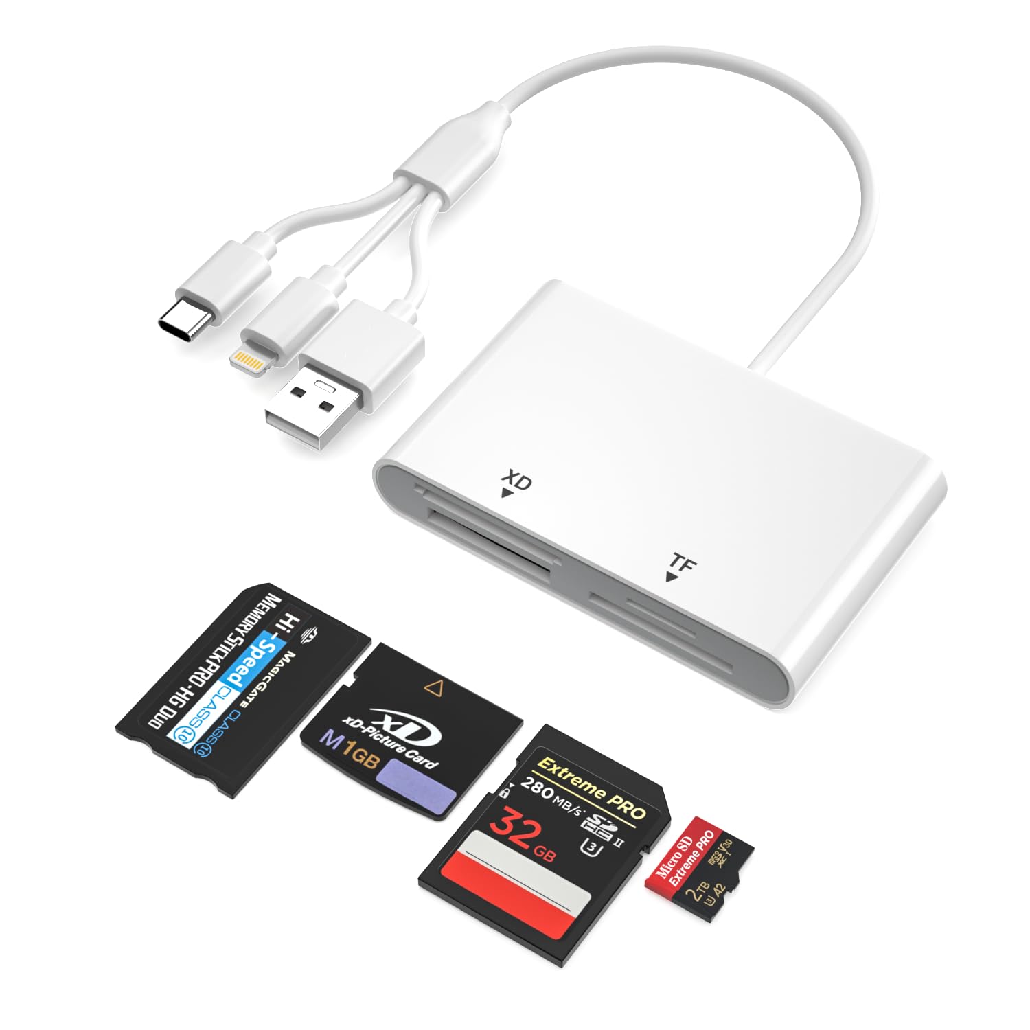 Adaptador Memory Stick Pro Duo para iPhone/Android/PC, leitor de cartão de imagem 4 em 1 SD/TF/MS/XD, leitor de cartão de memória Lightning/USB/USB-C OTG adaptador, Memory Stick Pro Duo Reader para