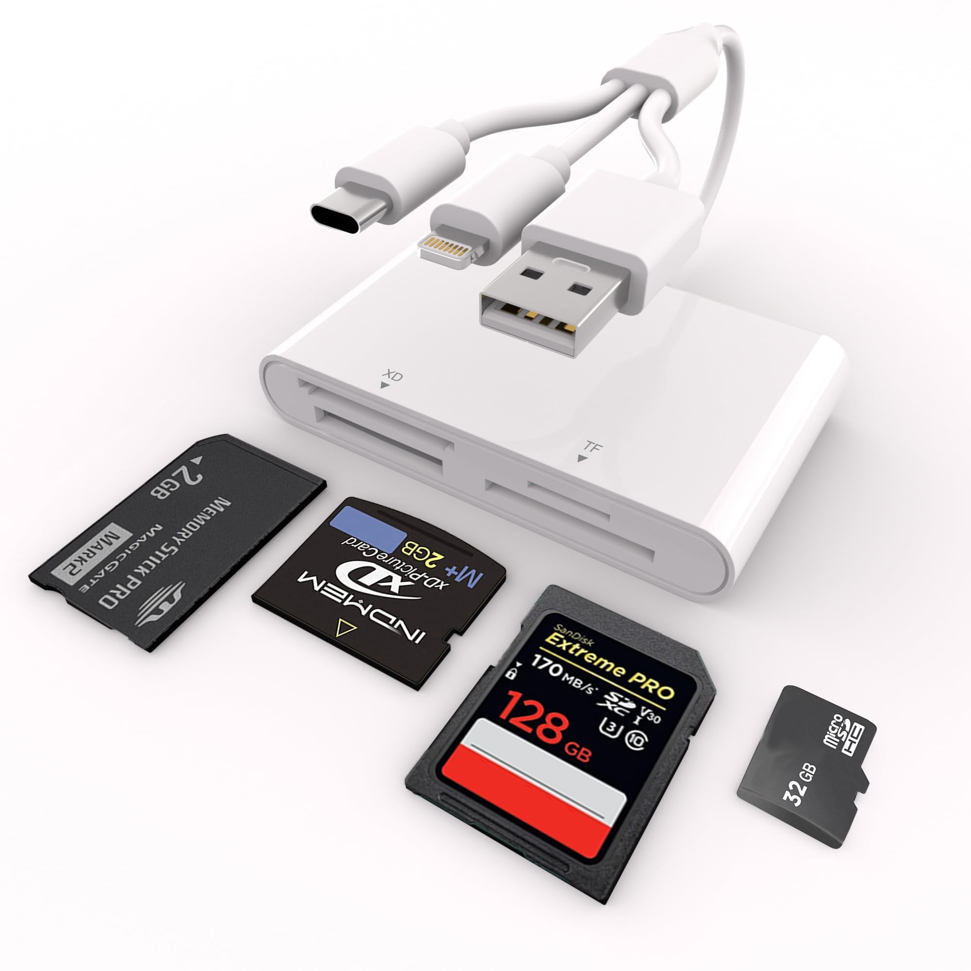 Adaptador Memory Stick Pro Duo para iPhone/Android/PC, leitor de cartão de imagem 4 em 1 SD/TF/MS/XD com conector Lightning/USB/USB-C leitor de cartão de memória, leitor Memory Stick Pro Duo para Sony