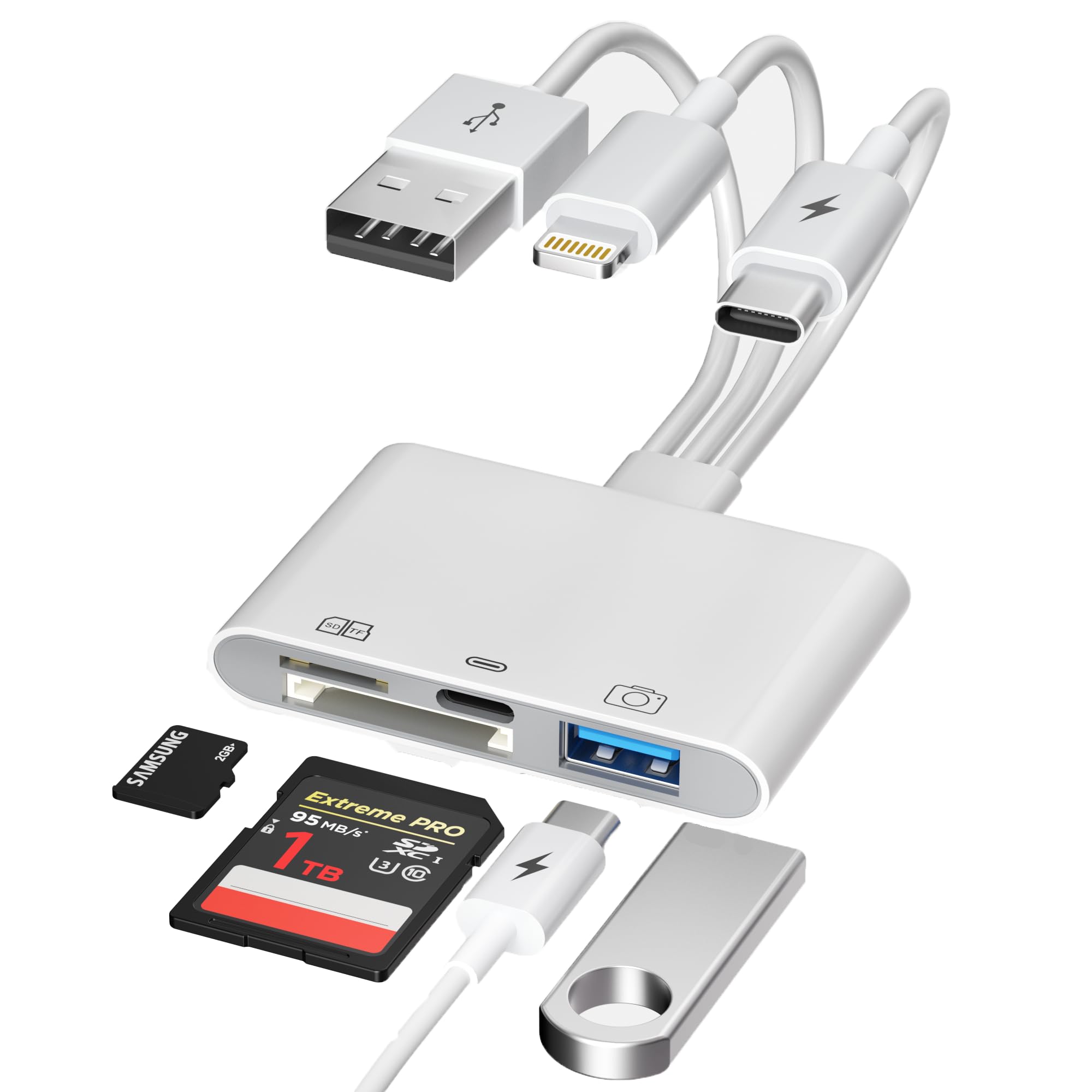 Leitor de cartão SD para iPhone Pad-OTG e leitor de cartão TF/SD com USB-C(Dados/Carregamento/Áudio) + USB-A para transferência de fotos de câmera digital, Lightning/USB/Tipo-C 3 cabos para transferir