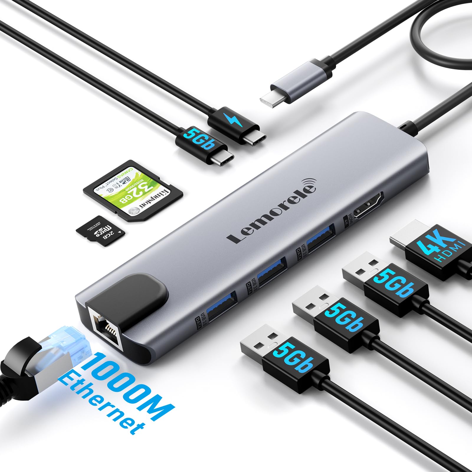 Lemorele Hub USB C 9 em 1 com HDMI 4K, Porta Ethernet Gigabit, PD 100W, 3 Portas USB-A 3.0, Leitor de Cartão SD/TF, Docking Station em Alumínio. Compatível com MacBook Air/Pro, Windows, Switch.