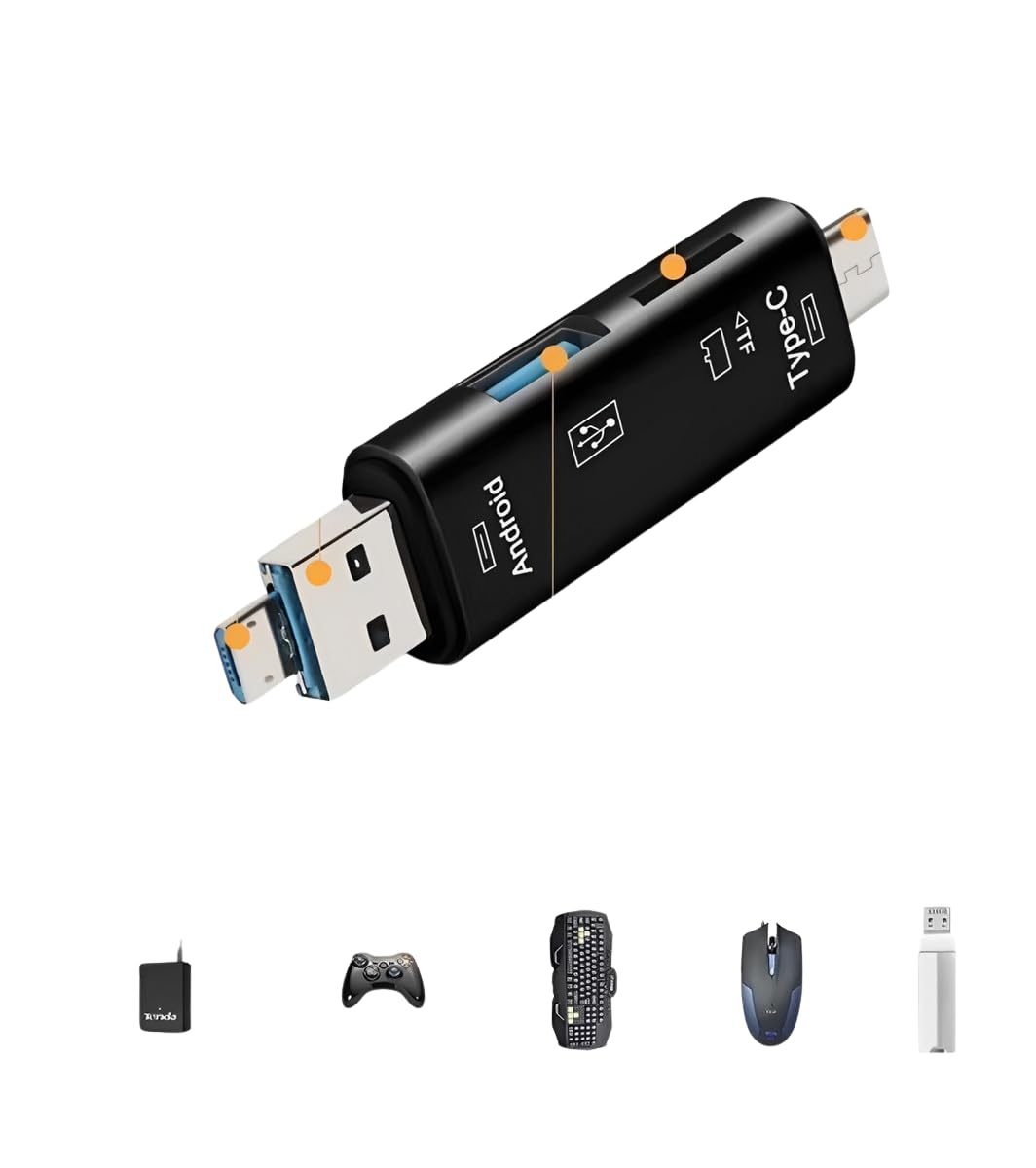 Adaptador 5 em 1 OTG Leitor de Cartão Micro SD TF USB-A Micro USB e USB-C – Conexão Rápida, Plug & Play, Compatível com Android, Tablets e Notebooks | Transferência de Dados Ágil e Design Portátil