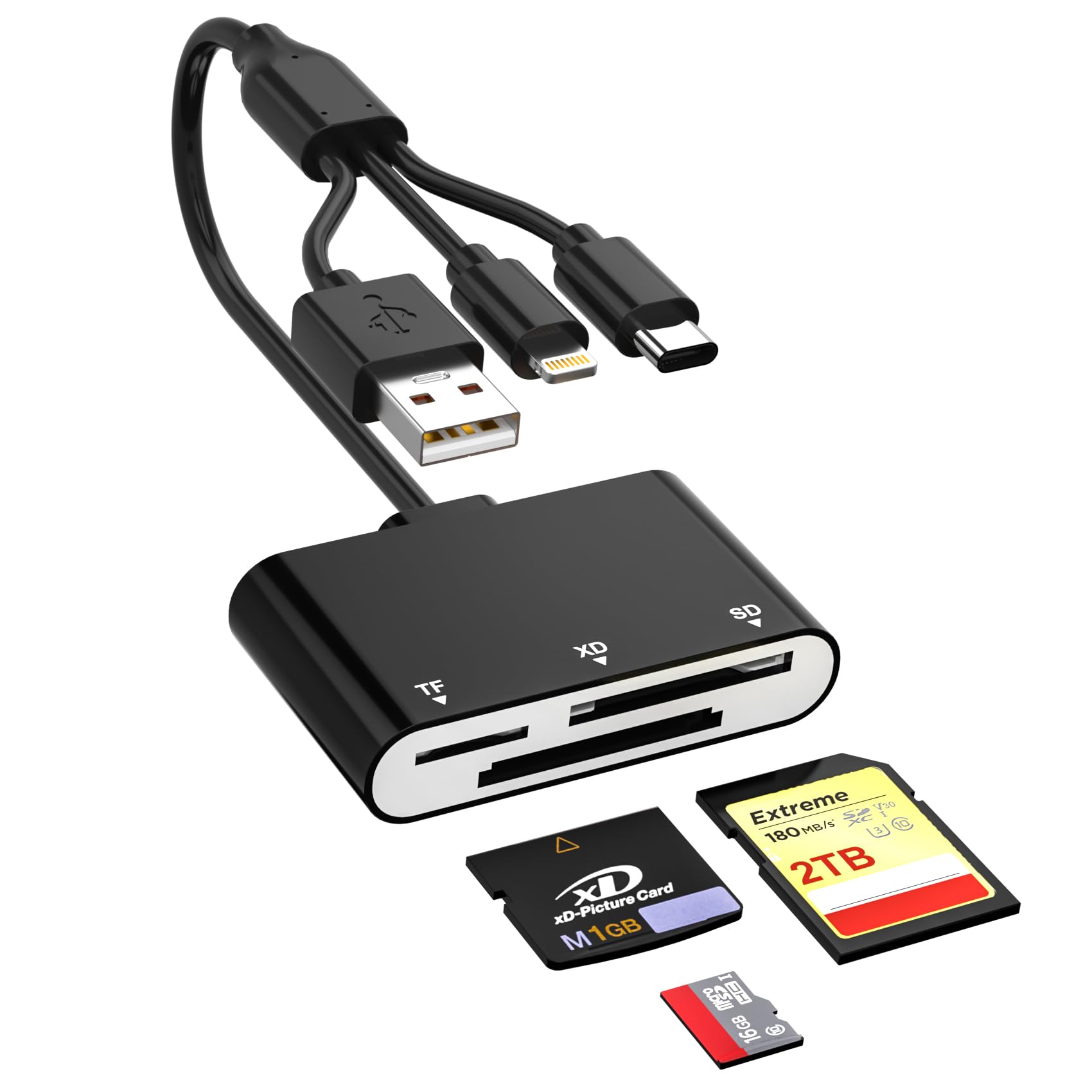 Leitor de cartão SD para iPhone com Lightning/USB-C/USB-A, leitor de cartão de memória 3 em 1 XD/SD/TF, leitor de cartão MicroSD XD-Picture compatível com iPhone 17/16/15/14, MacBook, iPad, Android