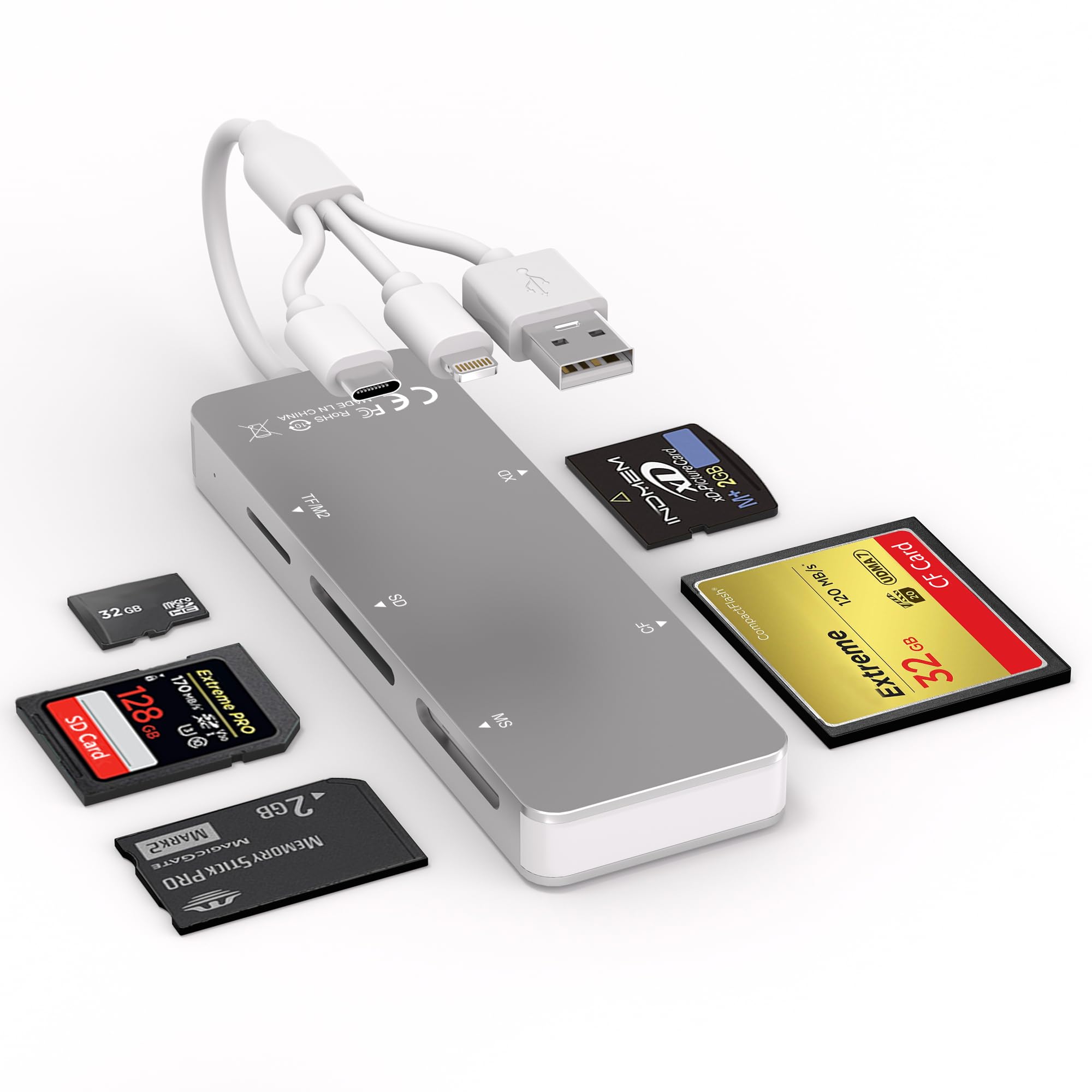 Adaptador Memory Stick Pro Duo, 5 em 1 de alumínio SD/TF/CF/MS/XD Leitor de cartão de imagem com Lightning/USB-C/USB A, adaptador Pro de cartão de memória de alta velocidade para câmera iPhone/iPad