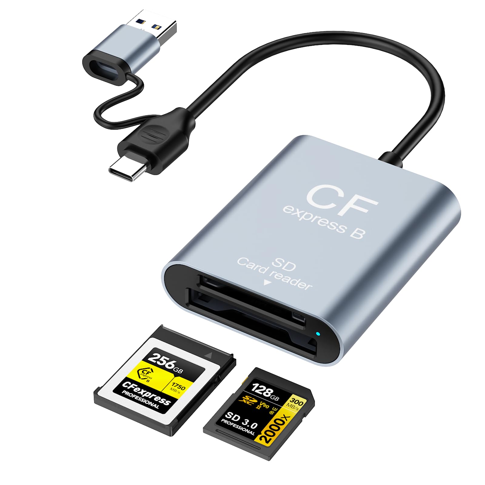 Leitor de cartão profissional CFexpress tipo B e SD com USB 3.2 (geração 2) 10 Gbps, USB-C&USB-A 2 em 1 tipo B SD Dual Slot CF Express, UHS-II/UHS-I, leitor de cartão de memória de liga de alumínio