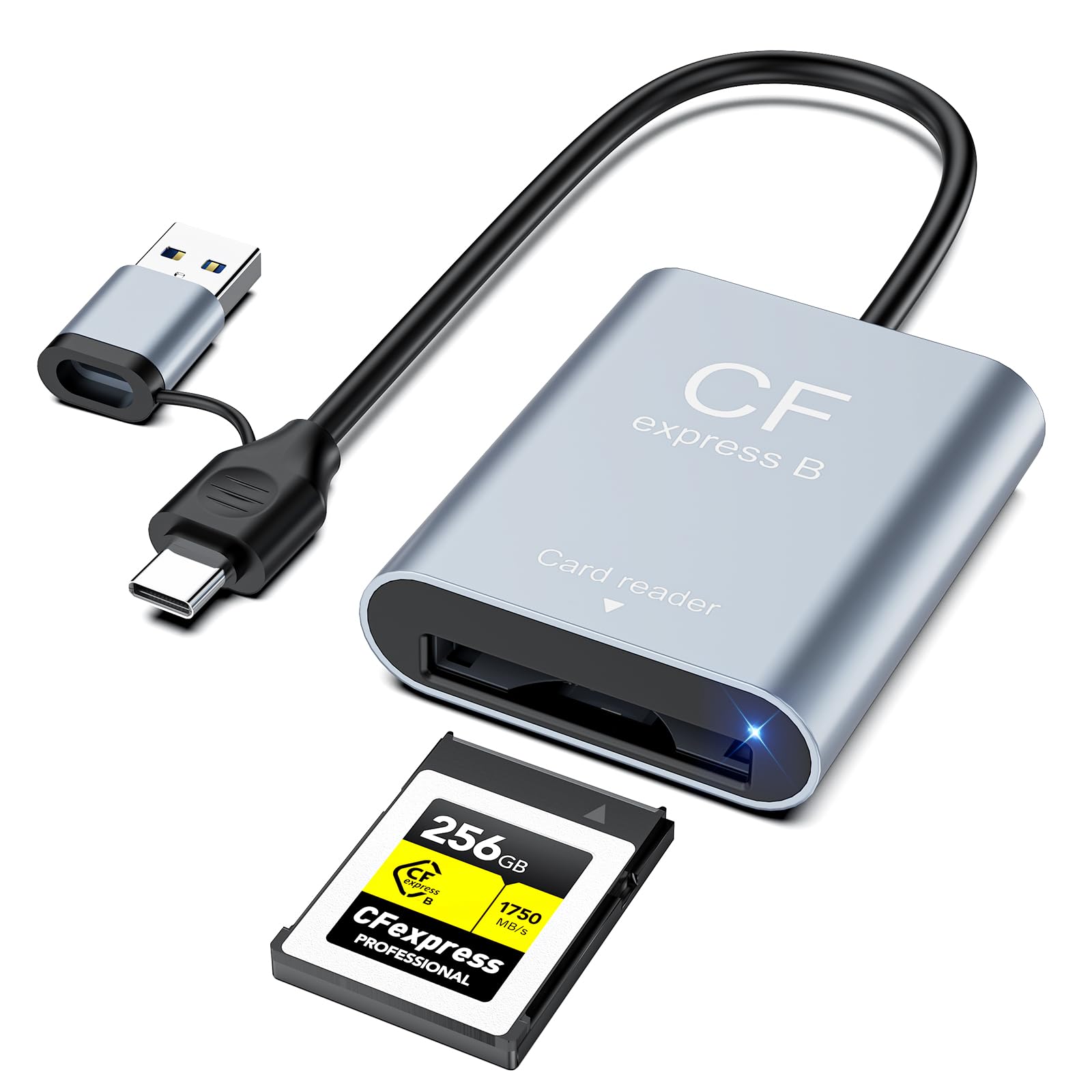 CFexpress Leitor de cartão tipo B USB 3.2 Gen 2 10Gbps, adaptador USB-C e USB-A 2 em 1, adaptador CFexpress portátil tipo B para Windows/Mac/Linux/Android, iPhone/iPad, laptops e tablets