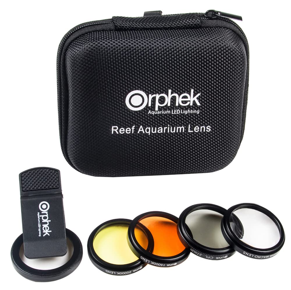 Orphek Aquarium LED Lighting Lente coral Orphek – Kit para todos os smartphones – 4 lentes incluídas: macro, CPL 37 mm Polarizada, 15.000 K Laranja, 20.000 K Amarelo – Clipe universal para telefone – Lente feita de vidro – para