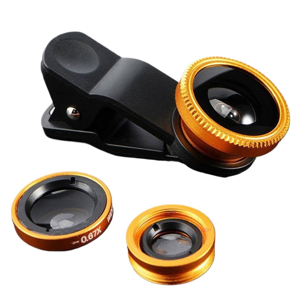 Acessório universal para lente de câmera – olho de peixe de 180° + lente de encaixe 3 em 1 grande angular e macro para smartphones, tampas de lente de câmera adequadas para iPhone e Android, dourado