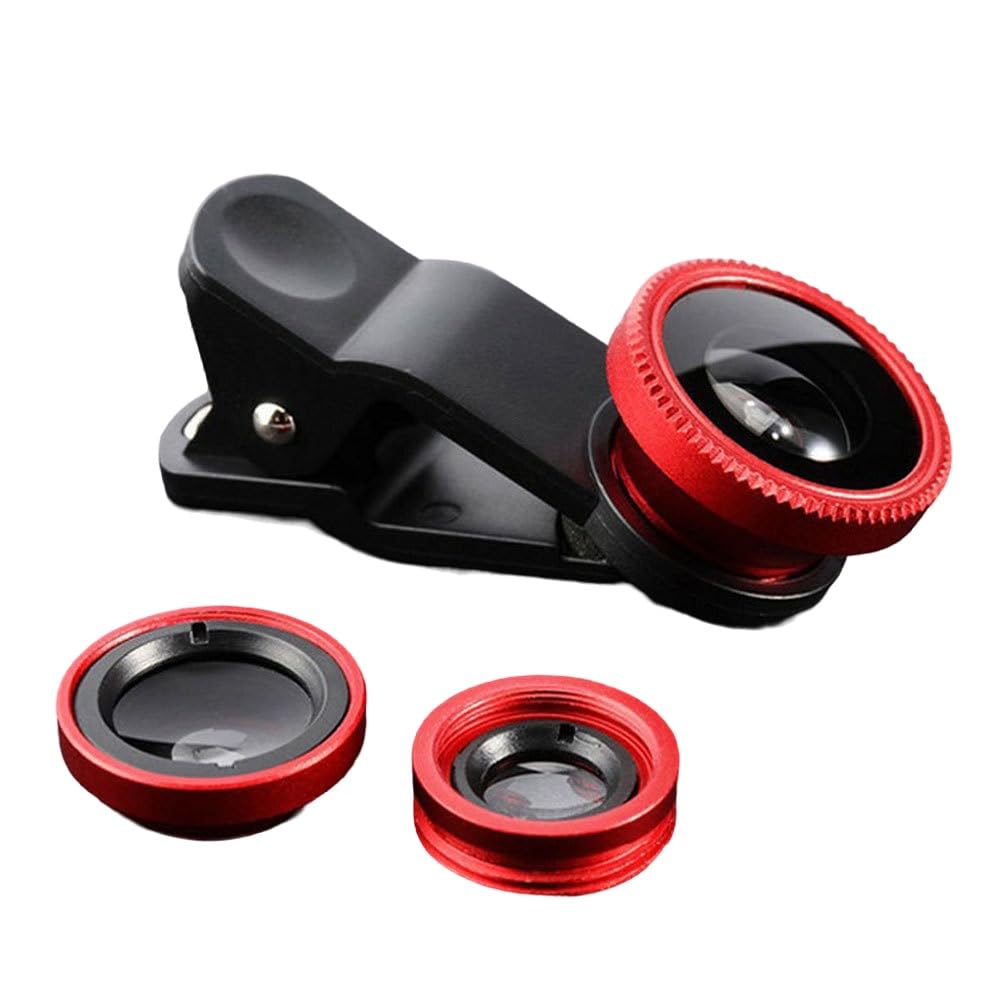 Acessório universal para lente de câmera – olho de peixe de 180° + lente de encaixe 3 em 1 grande angular e macro para smartphones, tampas de lente de câmera adequadas para iPhone e Android, vermelho