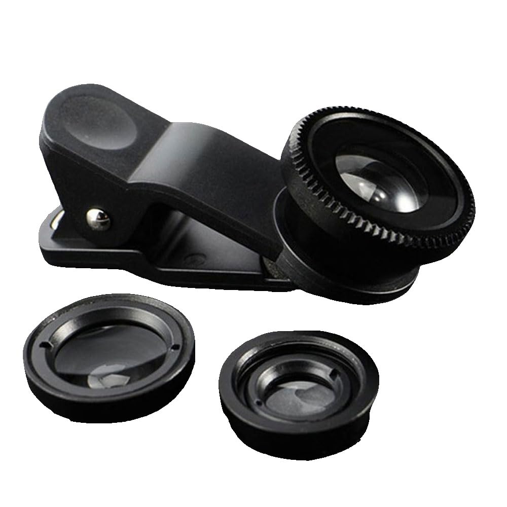 Acessório universal para lente de câmera – olho de peixe de 180° + lente de encaixe 3 em 1 grande angular e macro para smartphones, tampas de lente de câmera adequadas para iPhone e Android, preto