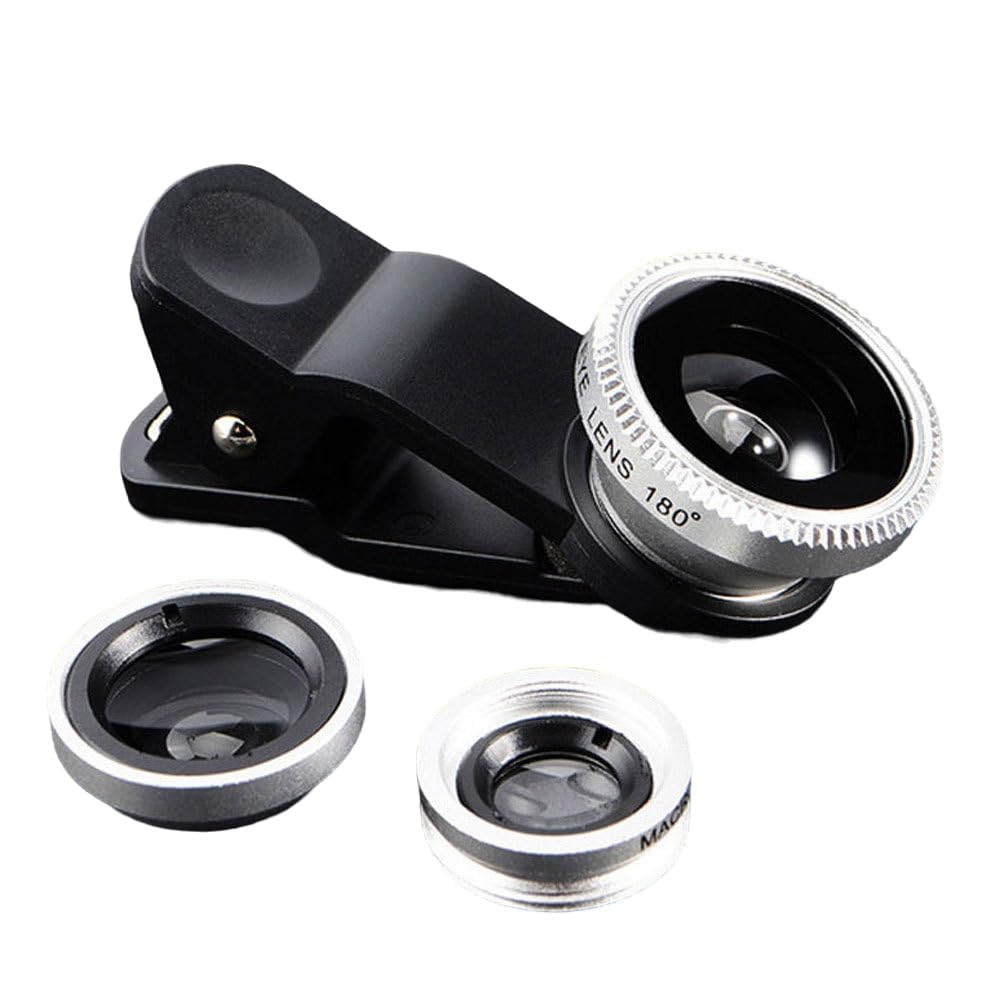 Acessório universal para lente de câmera – olho de peixe de 180° + lente de encaixe 3 em 1 grande angular e macro para smartphones, tampas de lente de câmera adequadas para iPhone e Android, prata
