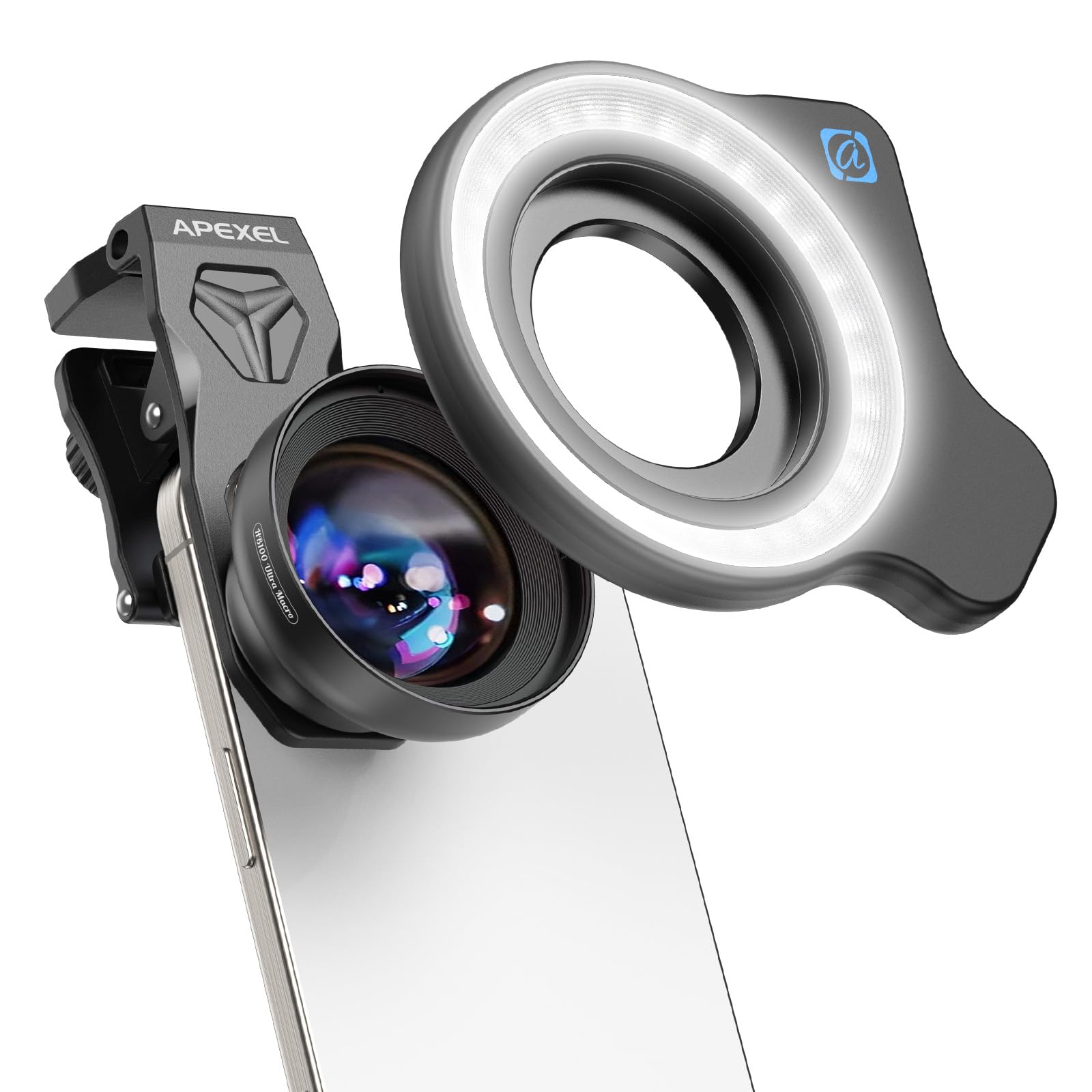 Lente macro profissional atualizada para smartphone com anel de luz, lente macro de fotografia HB100U, kit de lente de câmera de telefone de alumínio com clipe universal. Acessório de lente de