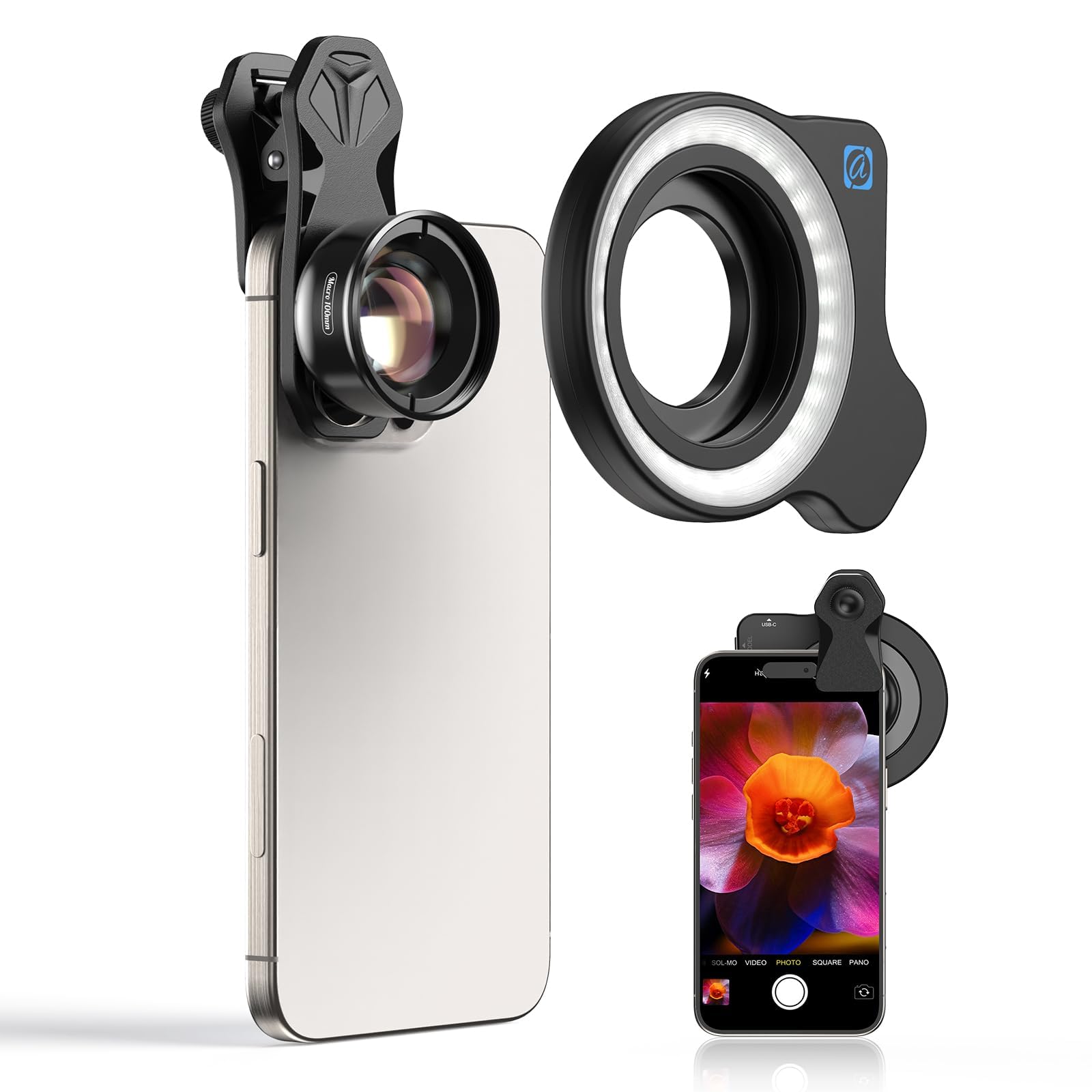 APEXEL Lente macro de fotografia profissional com luz de preenchimento para smartphone, lentes macro para iPhone, Samsung, Galaxy, telefone Android (serve para quase todos os telefones), acessório de
