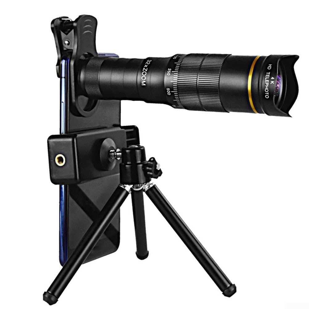 Lente teleobjetiva 32X para smartphones com tripé e clipe, acessório de câmera telescópica HD móvel para iPhone e Android, kit de lentes de zoom portátil para fotografia de vida selvagem, esportes e