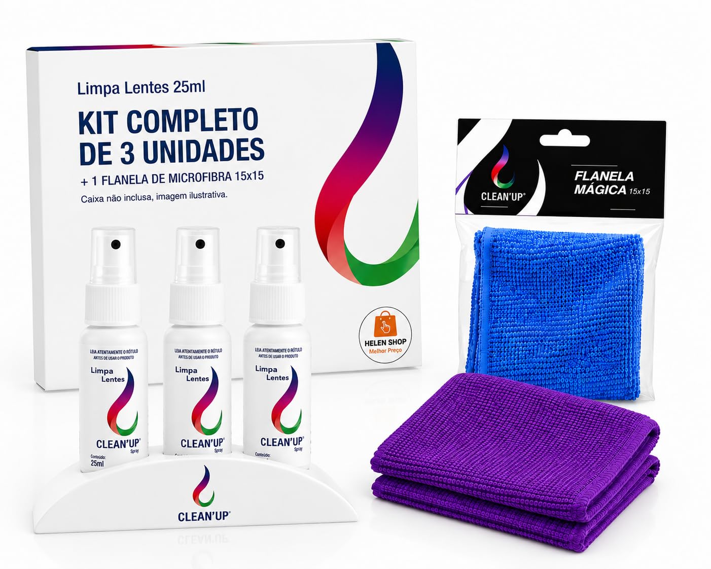 Kit 3 Spray Limpa Lentes 25ml + Flanela de Microfibra 15x15 | Limpeza para Óculos, Celular, Notebook, TV, Monitor e Câmera