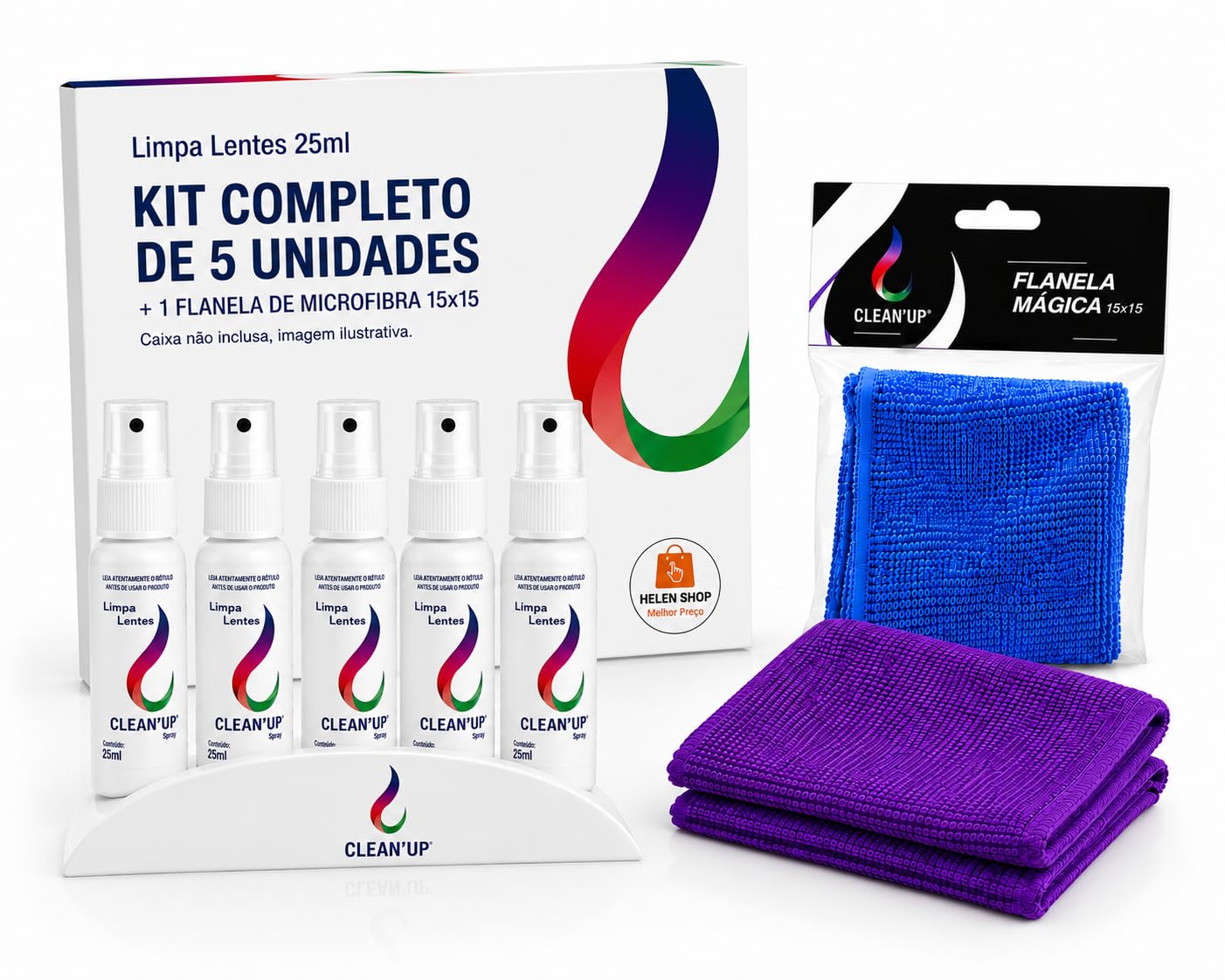 Kit 5 Spray Limpa Lentes 25ml + Flanela de Microfibra 15x15 | Limpeza para Óculos, Celular, Notebook, TV, Monitor e Câmera