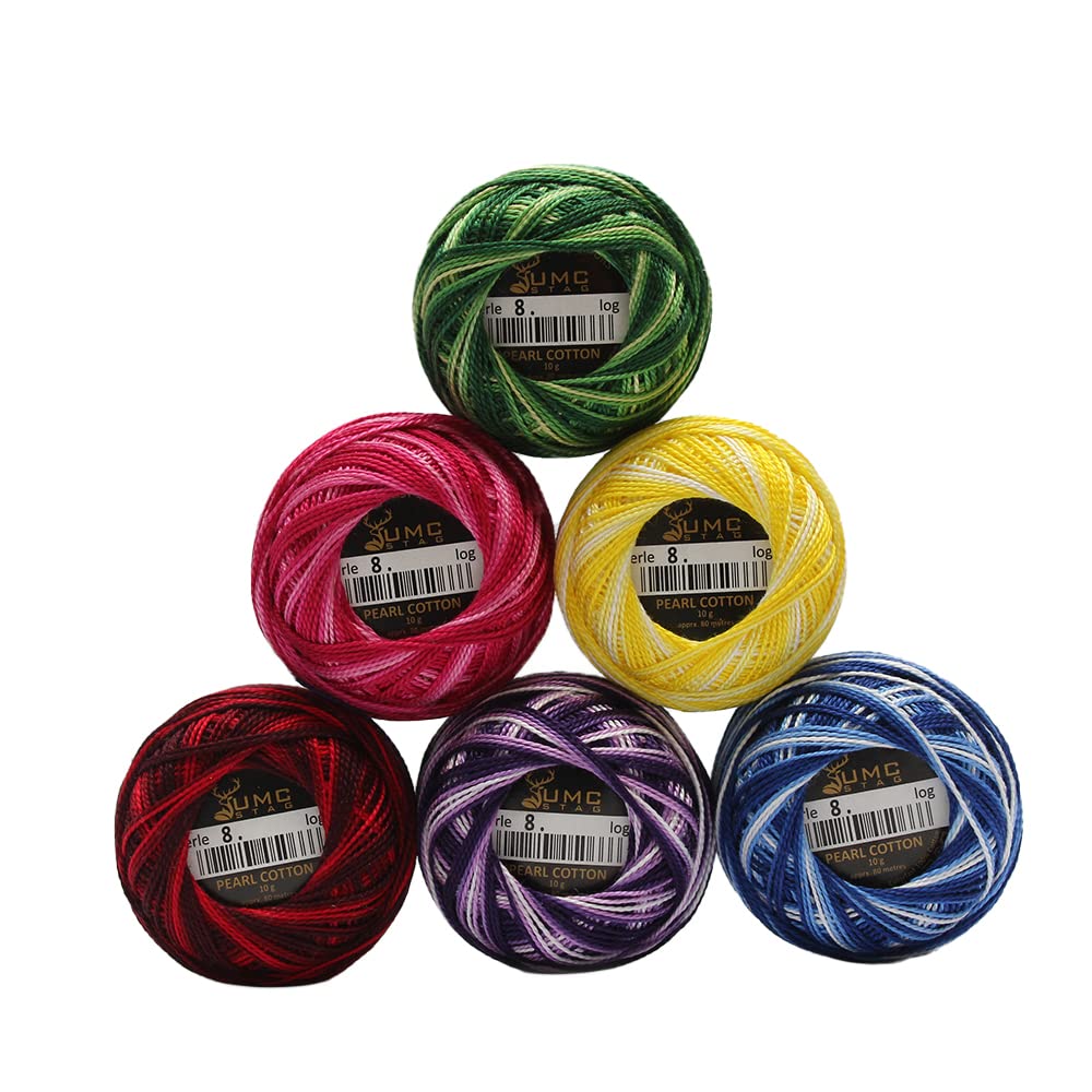UMC STAG 6 bolas de cores variadas linha de bordado de algodão pérola premium tamanho 8 | Fio de crochê 100% algodão egípcio | Fio bordado ponto cruz | Certificado Oeko TEX | 10 g por bola (variegado)