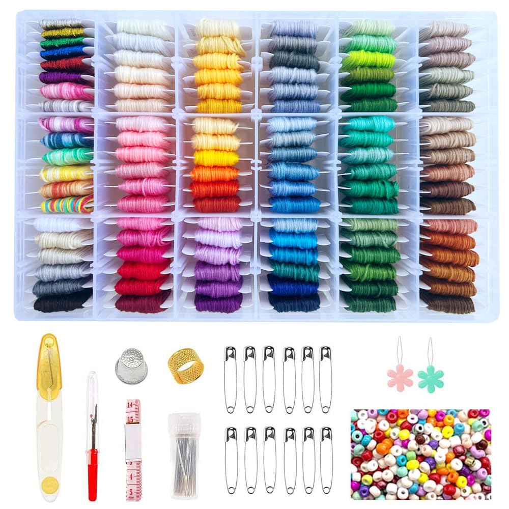 CUVOKUR 660 peças kit de cordas de pulseira da amizade com caixa de armazenamento, kit de fio dental de bordado inclui 110 cores de linha de bordado, 500 contas, 50 ferramentas de ponto cruz para bordado à