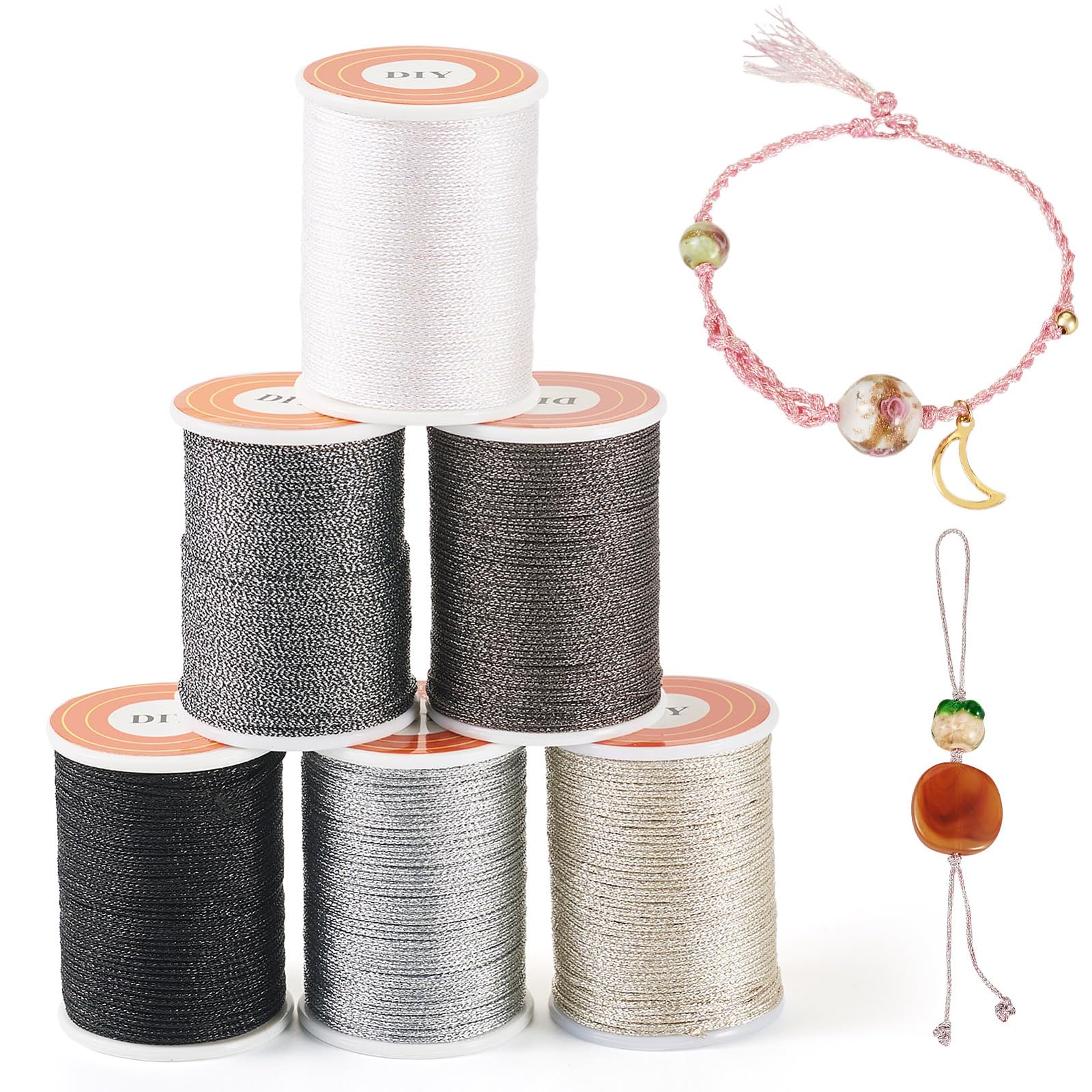 6 Rolos de 41,56 Metros de Linha de Bordado Metálica 1mm Linha de Bordado de Glitter para Amizade, Bracelete de Corda para Costura, Fazer Artesanato, Pulseiras, Enfiar Contas, Tricô, Faça Você Mesmo