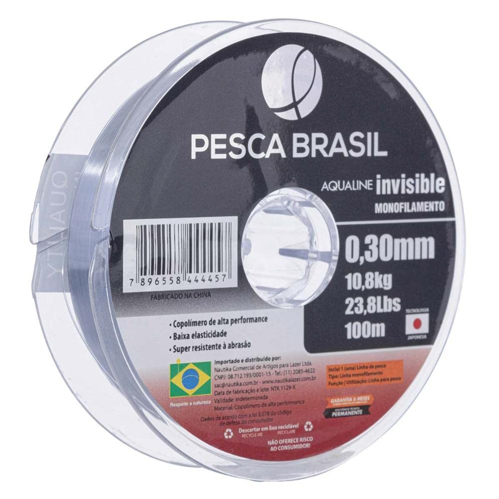 Pesca Brasil, Linha de Pesca Monofilamento Aqualine Invisible, com 0,30mm e Resistência de 23lb, Caixa com 10 Carreteis de 100mts, Platinum