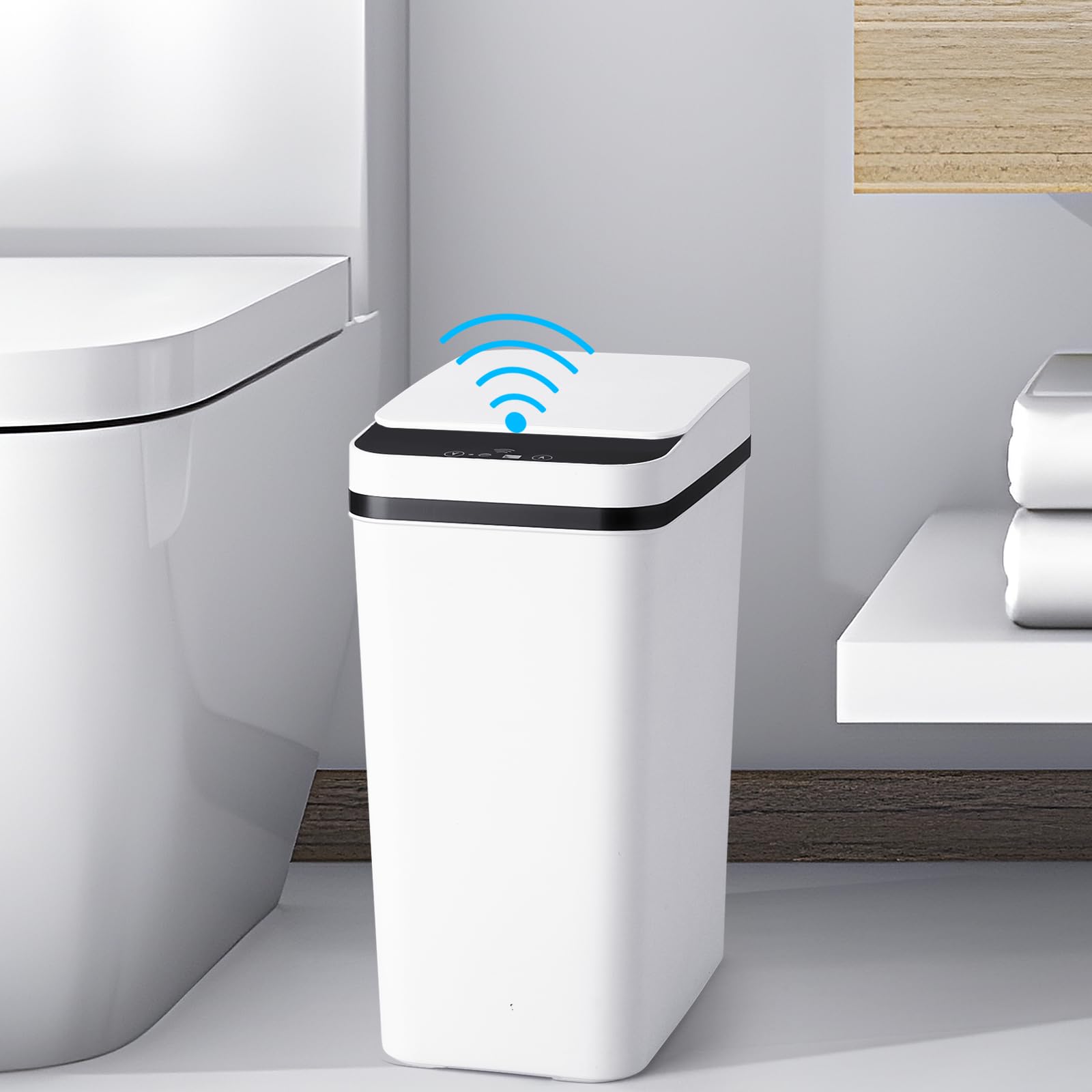 Lixeiras de banheiro com tampa, sensor de movimento automático sem toque, lata de lixo de 15 litros, lixeira elétrica inteligente de plástico estreita para sala de estar, quarto, escritório