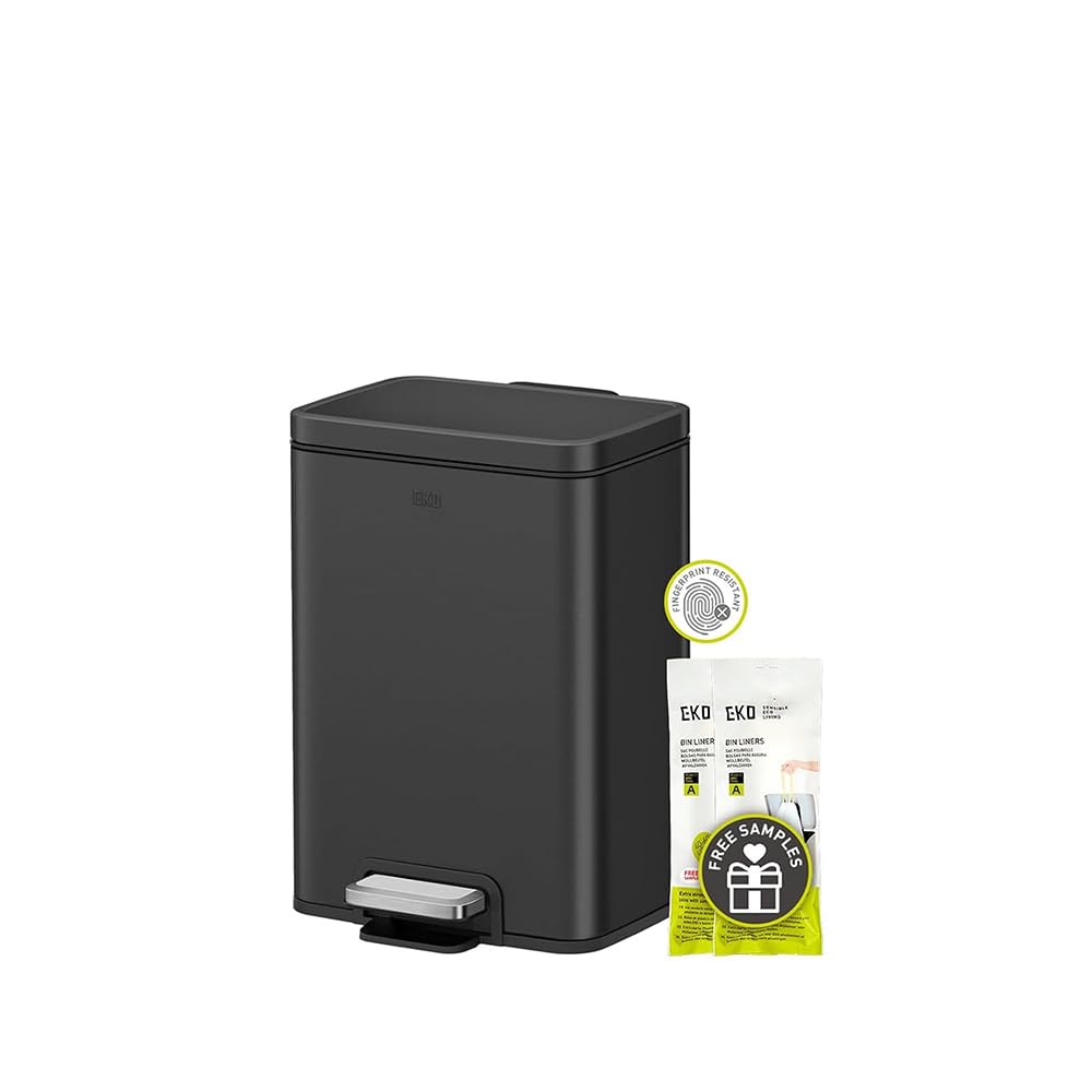 EKO Madison Lixeira com Pedal de 6L em Aço Inox Preto Fosco, Balde Interno Removível, Tampa Soft Close e Acabamento Antiimpressões, para Cozinha, Banheiro, Quarto ou Reciclagem