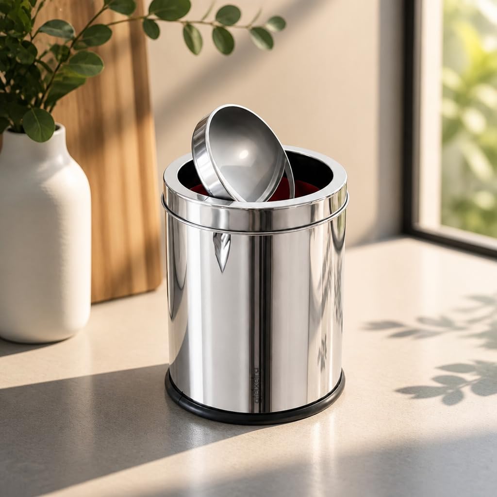 Lixeira Basculante Cesto de Lixo Redondo Inox 3L com Tampa, para Escritórios, Cozinhas, Salas, Banheiro