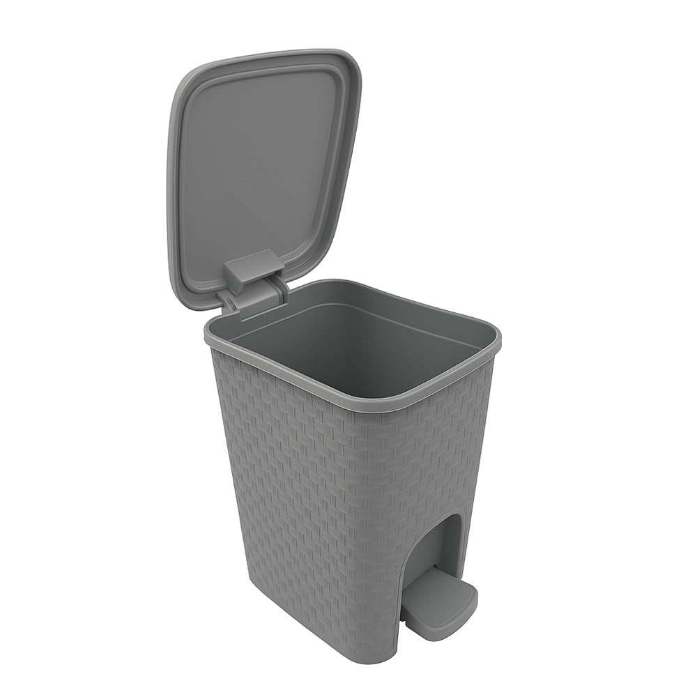 Lixeira com Pedal Trama Rattan, Plástico Cinza, Design Moderno, 7 Litros, com Tampa Basculante, para Banheiro e Cozinha