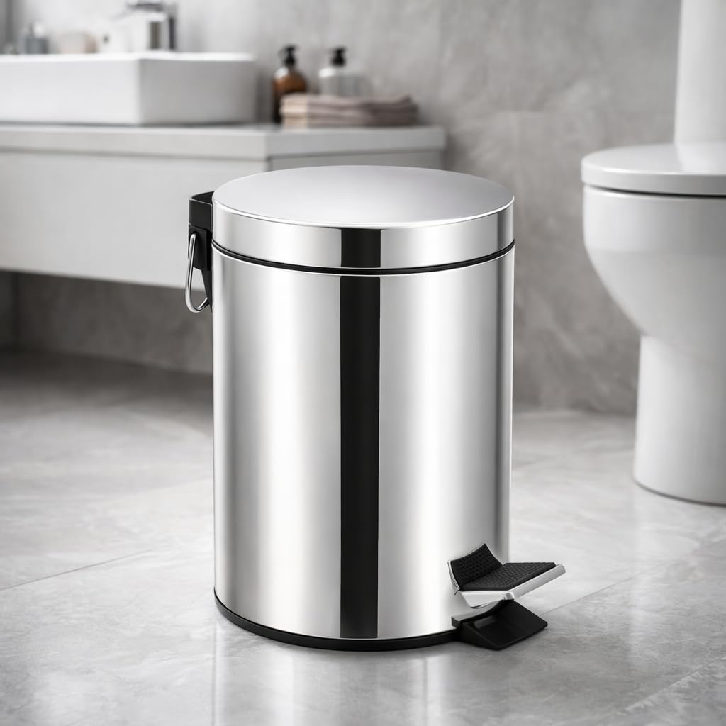 Lixeira Inox Prime 5L com Pedal Antiderrapante, Balde Removível e Alça, Tampa Suave, Premium para Banheiro, Cozinha e Escritório, Resistente, Elegante, Compacta, Fácil de Limpar, Antiodor, Soft Close