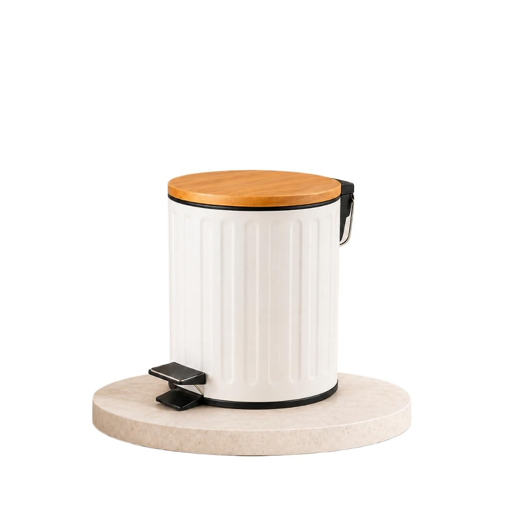 Lixeira 5L com Pedal Tampa de Bambu Ferro Design Moderno Compacta Banheiro Cozinha Lavabo Silenciosa Premium(LISTRADA BRANCA 5L)