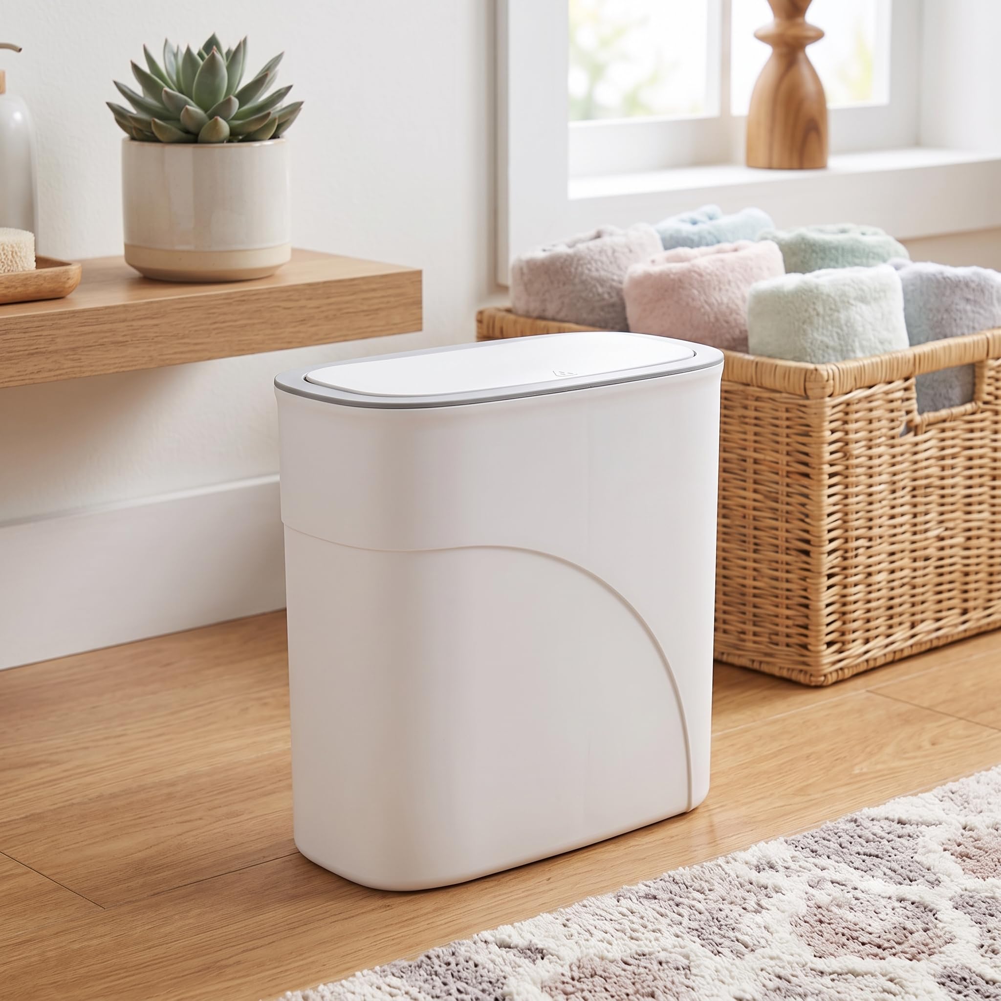 Lixeira de Plástico Estreita 15L com Tampa Click Press para Banheiro, Cozinha e Escritório, Design Slim Economiza Espaço, Branco