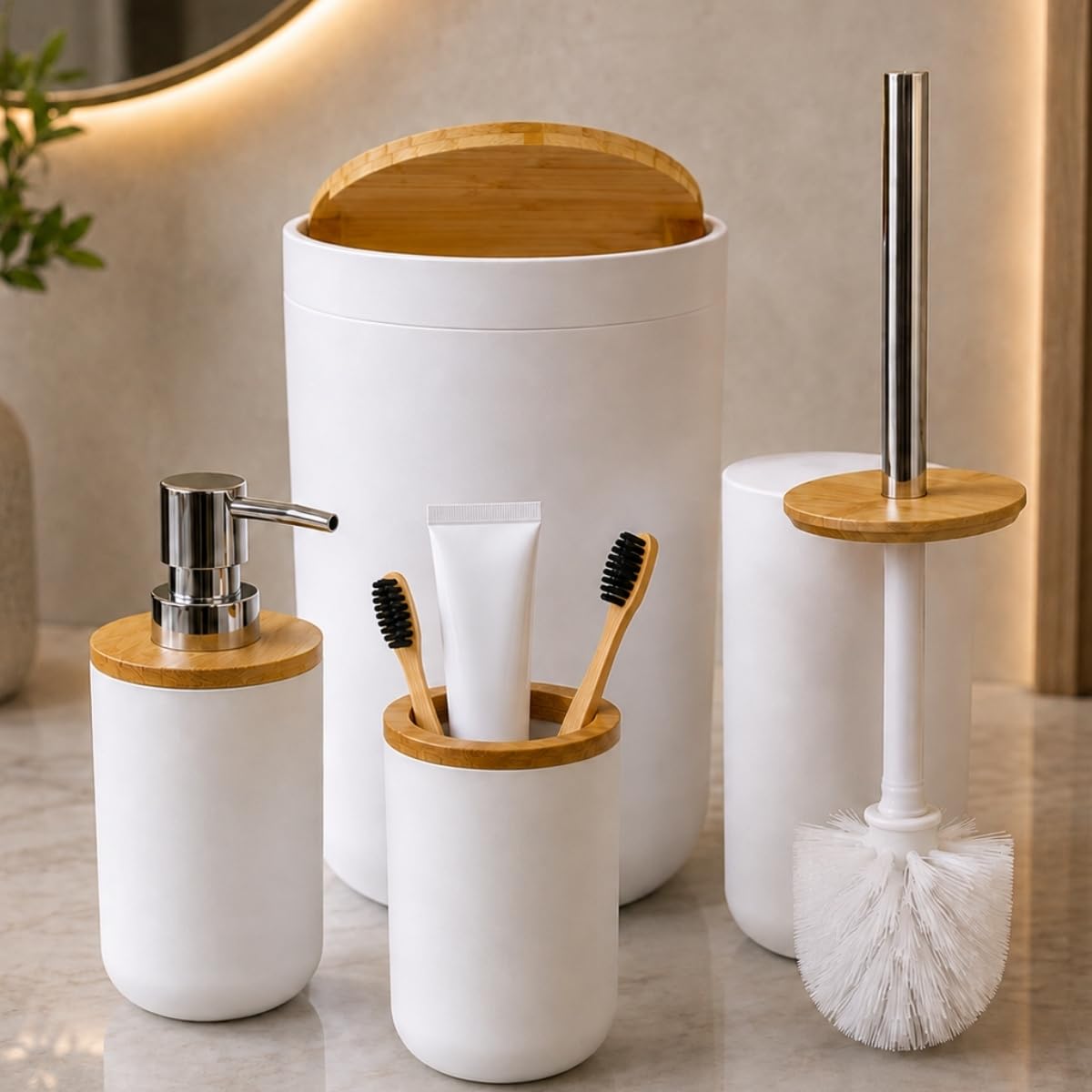 Kit Lixeira Branco Banheiro 4 Peças 6,3L Escova Sanitária Tampa Bambu | Lavabo Porta Sabonete Líquido Porta Escova e Pasta de Dentes Conjunto Acessórios Banheiro Moderno Compacto Elegante