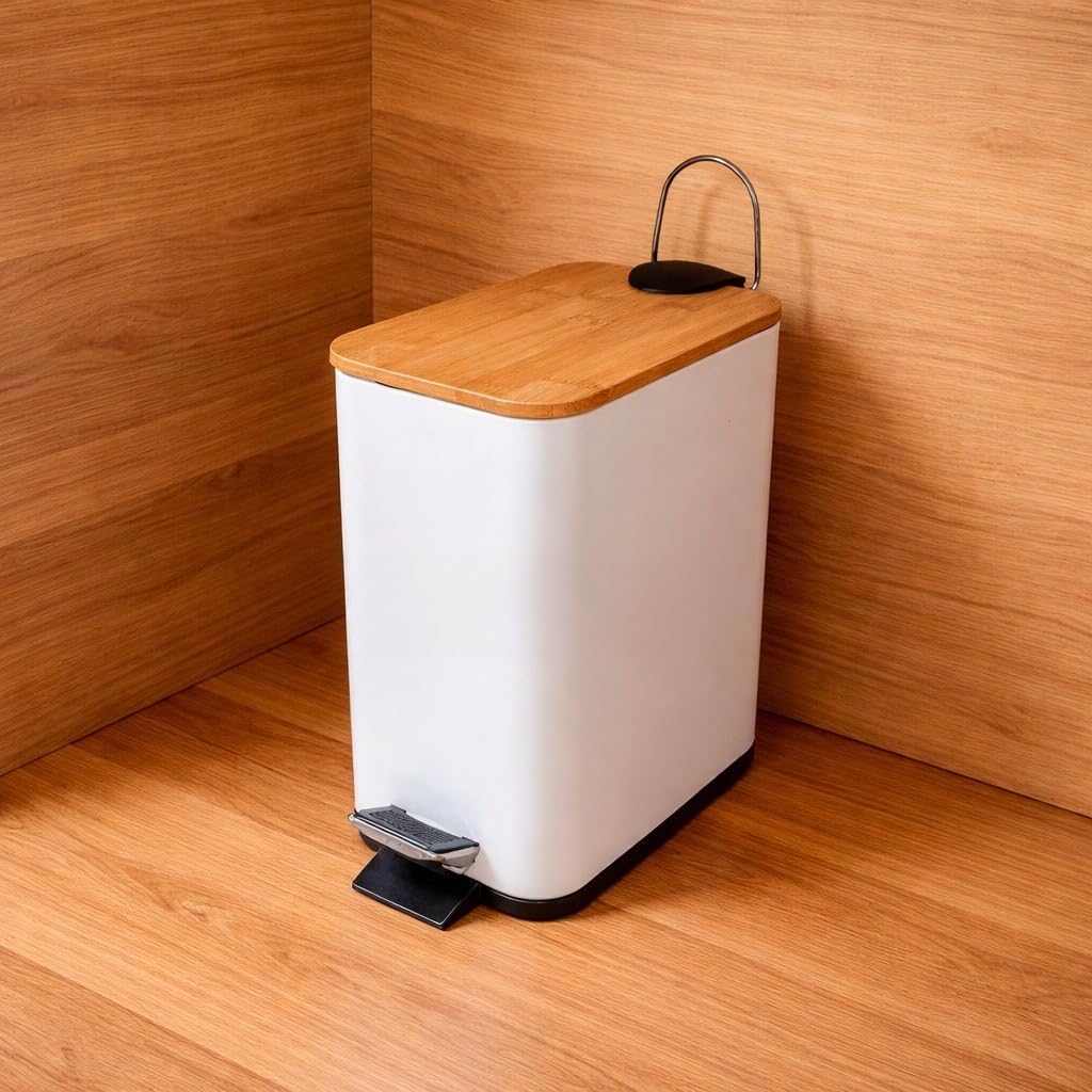 Lixeira com Tampa Bambu e Pedal 3L 5L Decorativa Banheiro Cozinha(RETANGULAR 3L BRANCA)