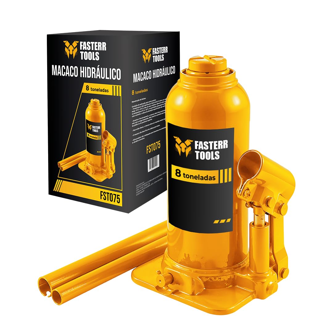 Macaco Hidráulico Garrafa 8 Toneladas Fasterr Tools FST075 Profissional - Elevação 20cm a 38,5cm para SUVs e Caminhonetes com Válvula de Segurança