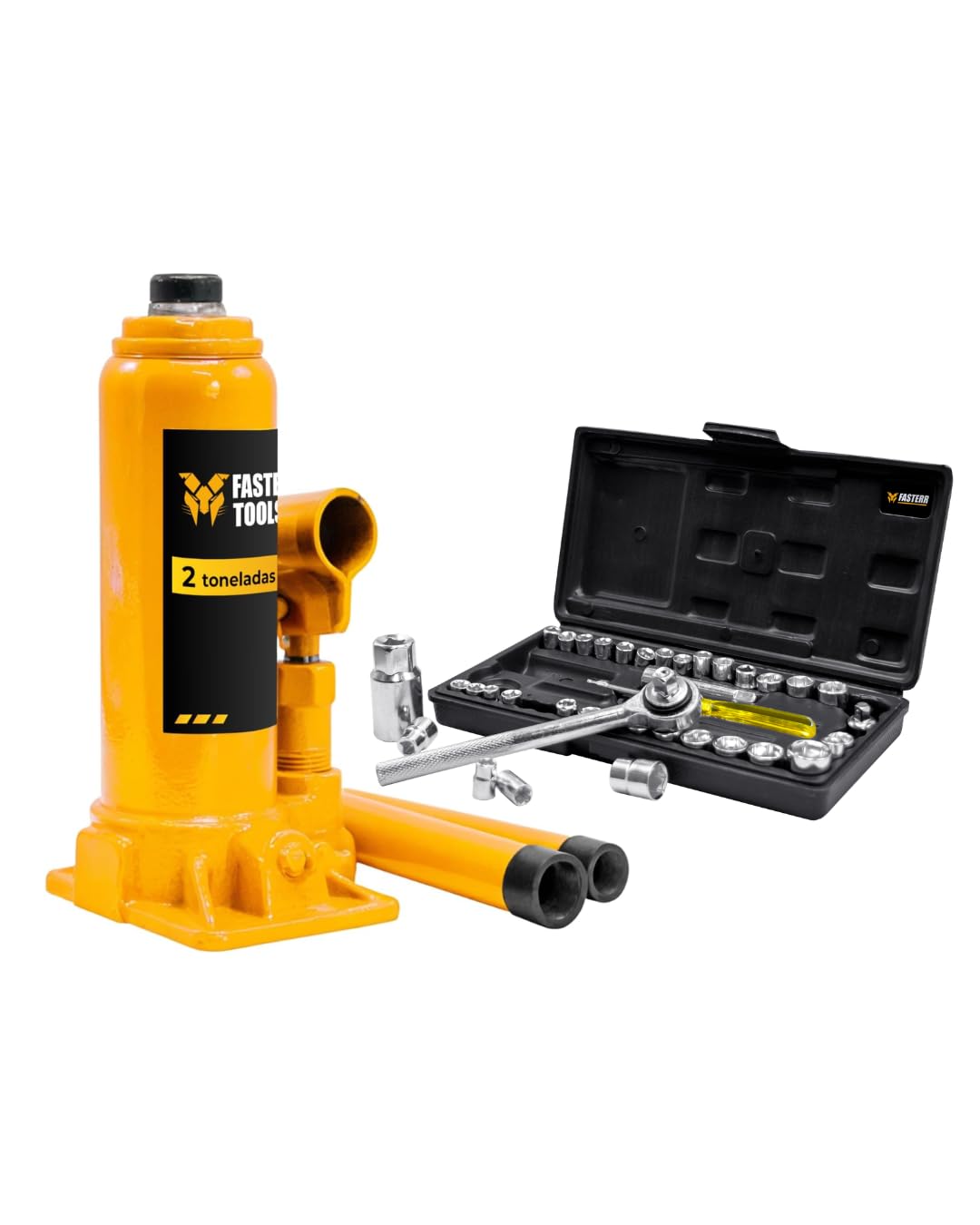 Kit Macaco Hidráulico Garrafa 2 Toneladas Fasterr FST073 + Jogo de Soquetes 1/4” e 3/8” 40 Peças FST003 com Maleta – Ferramentas Profissional Automotiva