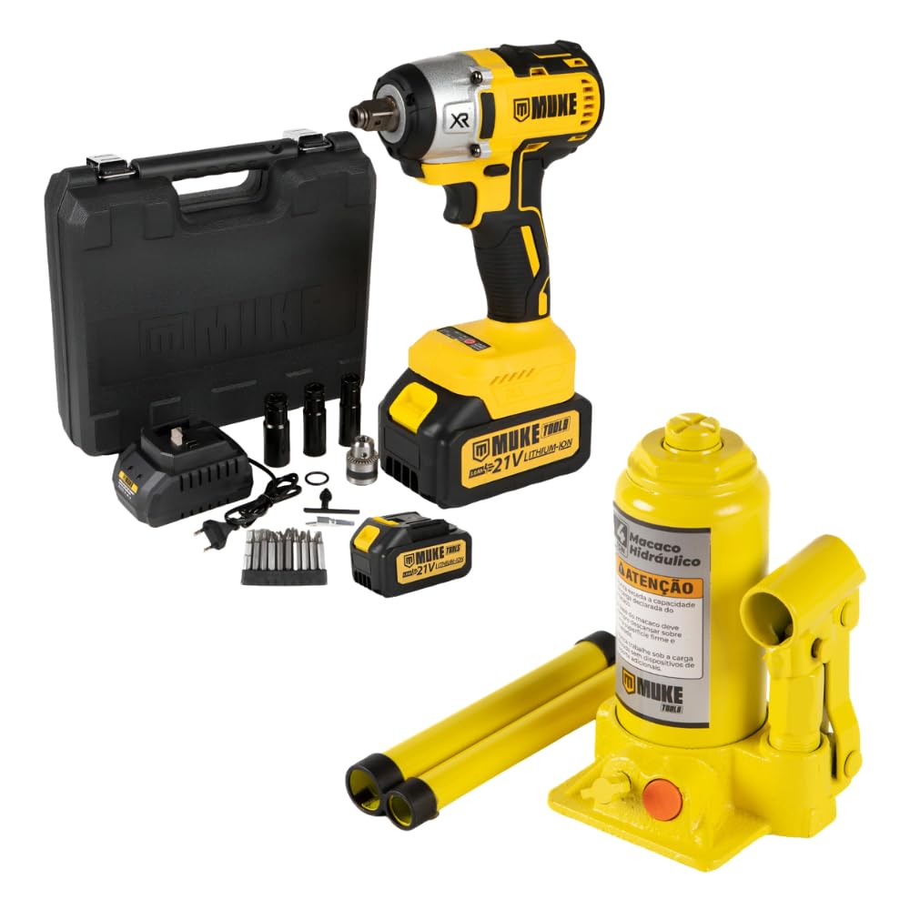 MUKE TOOLS, Kit Chave De Impacto 21v Brushless 2 Baterias Com Maleta + Macaco Garrafa 4 Toneladas Muke Tools