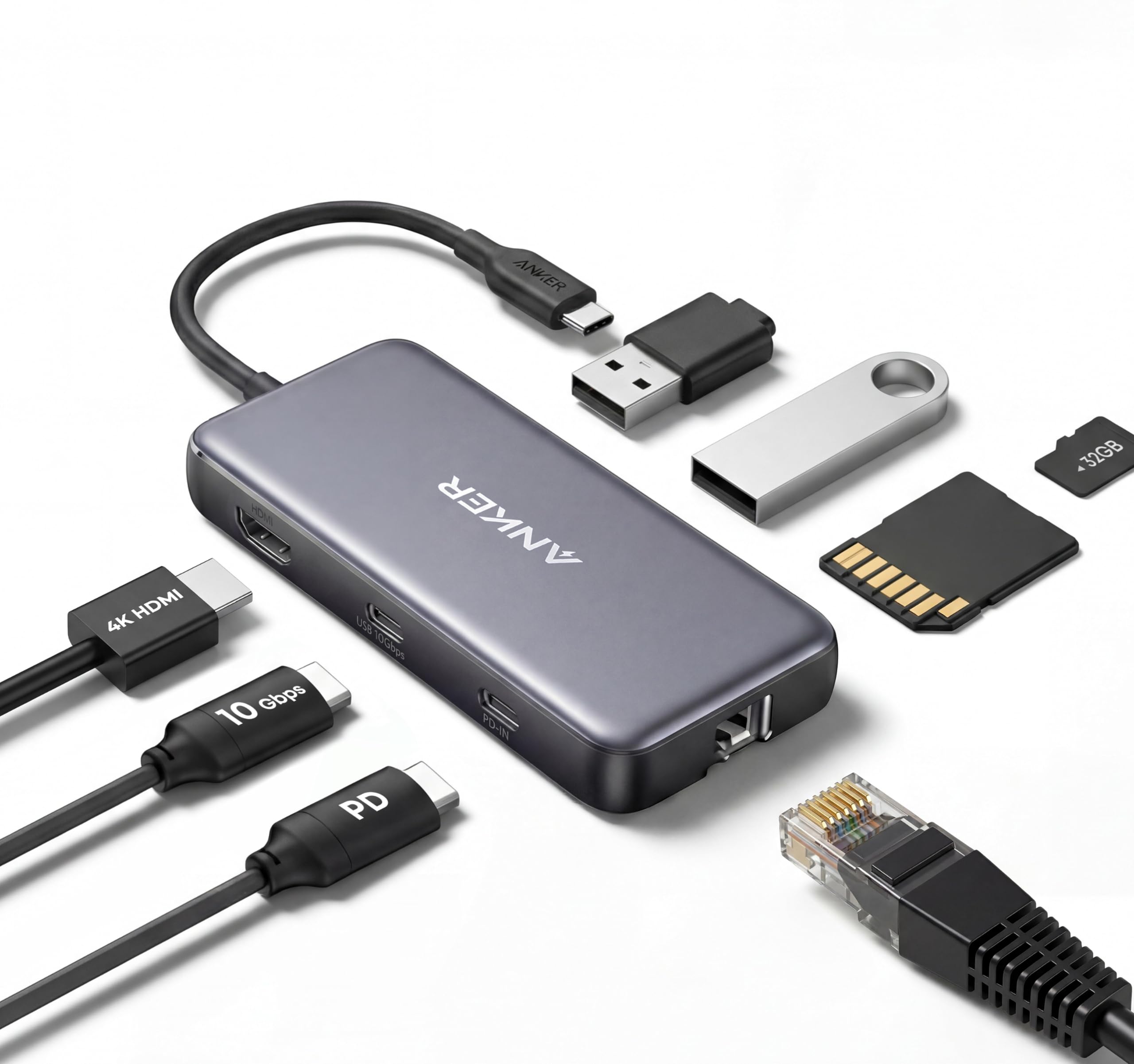 Anker Hub USB-C 555 8 em 1, HDMI 4K@60Hz, Ethernet,Thunderbolt,USB-A10Gbps | Dock Station com PD 100W, USB-C, Leitor SD/MicroSD , Ethernet 1Giga, Para iPad, Macbook, Laptop Windows e Chrome OS