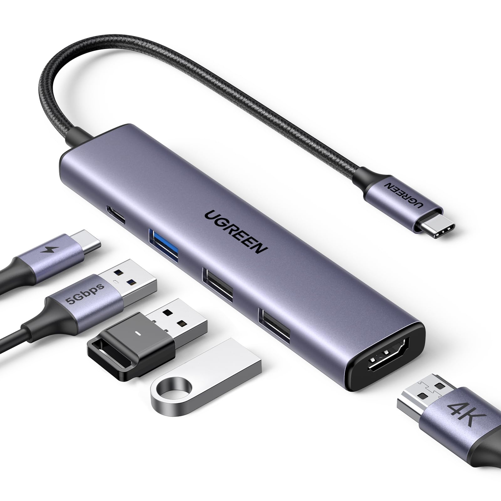 USB C Hub 5 em 1 adaptador multiporta 4K HDMI, fornecimento de energia de 100 W, 3 portas de dados USB-A, dongle USB C para MacBook Pro/Air, iPad Pro, iMac, iPhone 15 Pro/P | 3 portas de dados USB-A, USB C, compatível com MacBook Pro/Air M5/M4/M3/M2/M1, iPad Pro, iMac, iPhone 17 Pro/Pro Max
