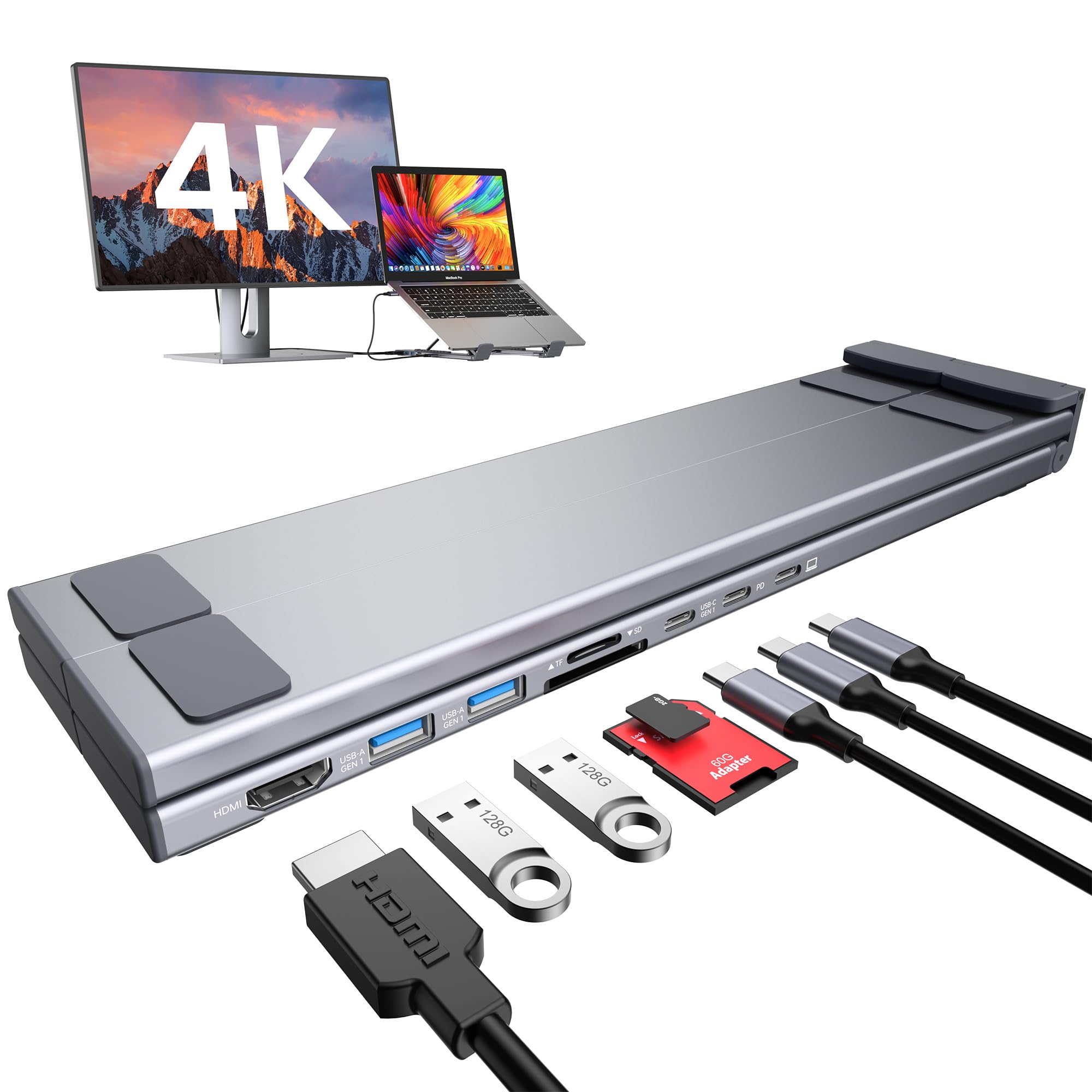 Mukiya Estação de Ancorage USB C 7 em 1 com 4K HDMI, 2 USB 3.1, PD 100W, Suporte para Tablet USB C, Dobrável, Compatível com MacBook Pro/Air/Dell/HP/Surface/Lenovo