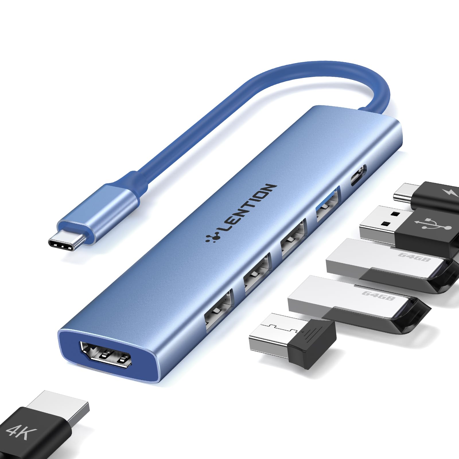 LENTION Hub USB C com carregamento PD de 100 W, HDMI 4K, 4 portas de dados USB-A, Hub tipo C para MacBook Pro 2023-2016, New Mac Air (CH17, azul)