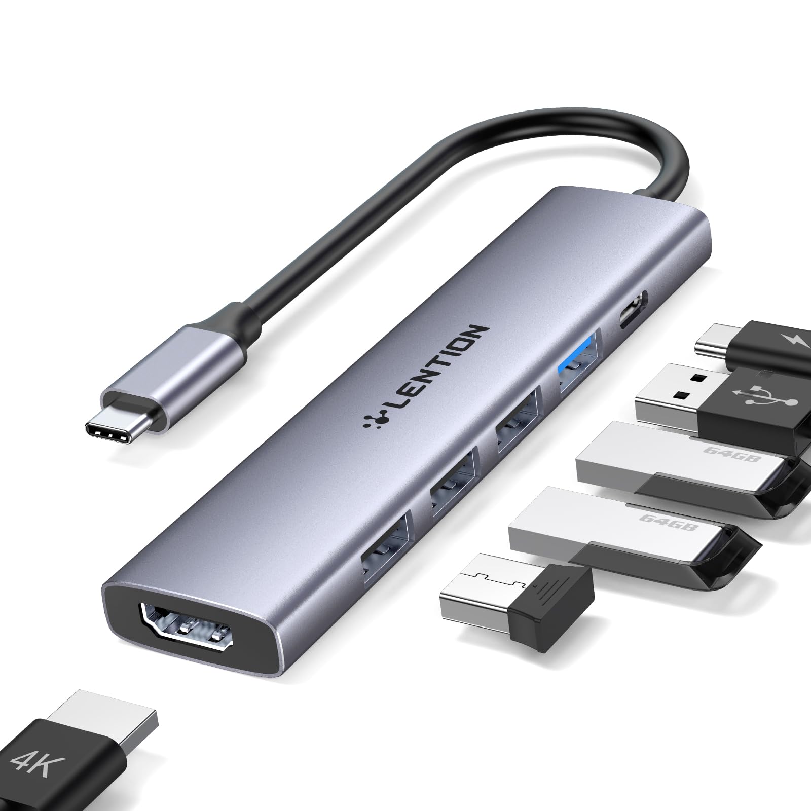 LENTION Hub USB C com carregamento PD de 100 W, HDMI 4K, 4 portas de dados USB-A, Hub tipo C para MacBook Pro 2023-2016, New Mac Air (CH17, cinzento espacial)