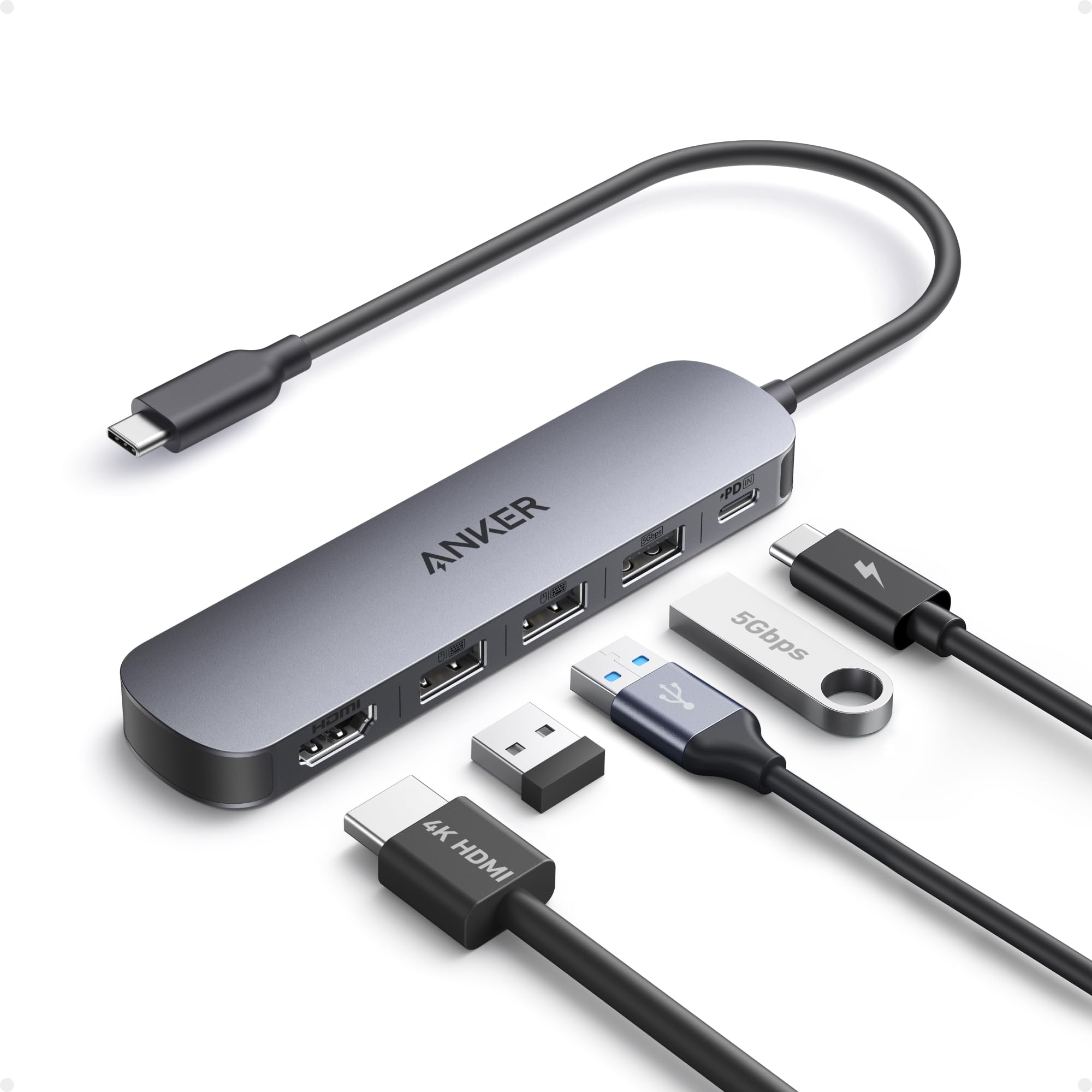 Anker Hub USB-C 5 em 1, HDMI 4K@30Hz, 5Gbps USB 3.0 e USB-C Thunderbolt | Dock Station com PD 100W, Adaptador para Macbook M1/M2/M3, Laptop Samsung/ASUS/Acer/Lenovo/Dell, iPhone 16/17, Android